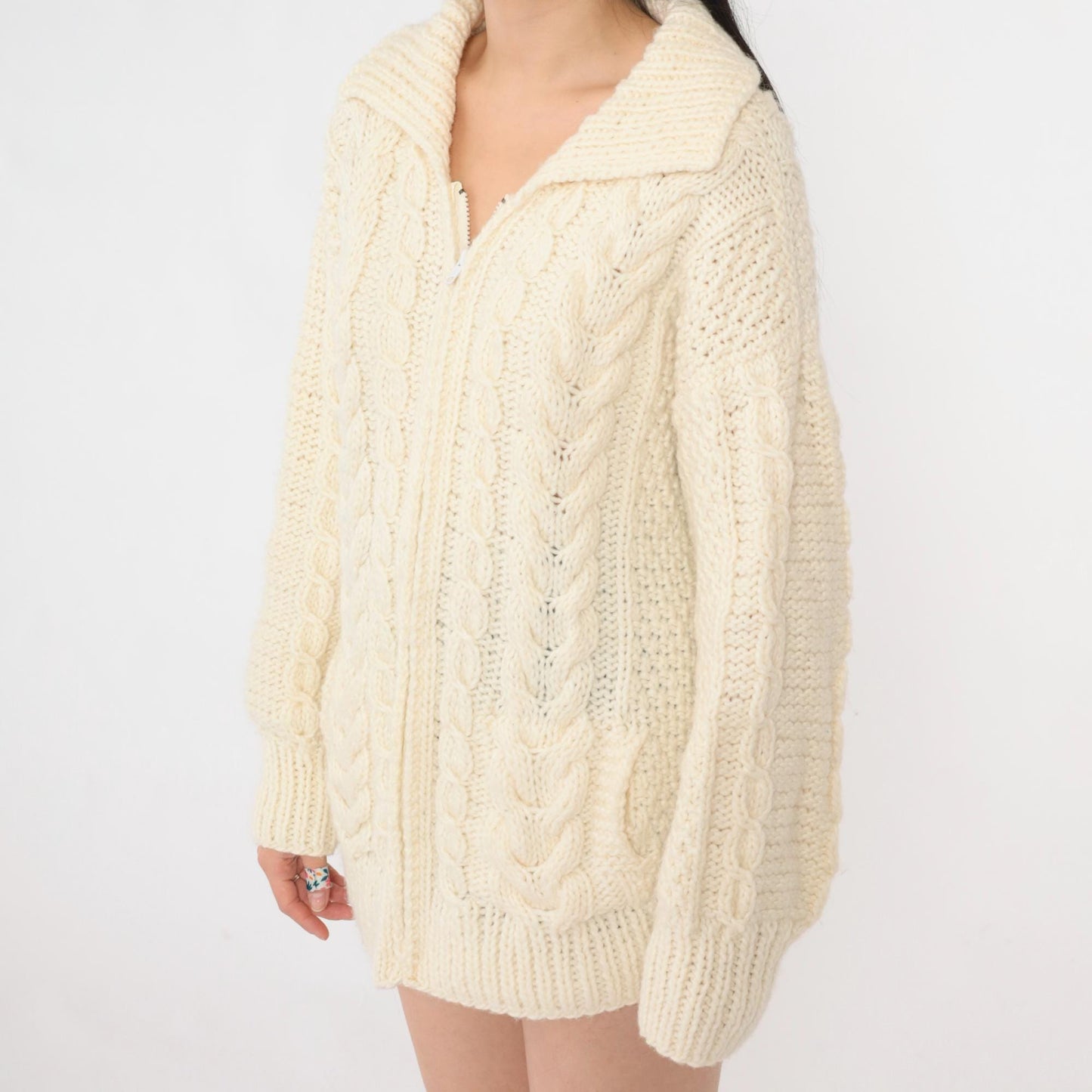 90s Cable Knit Zip Cardigan Cream Wool Sweater Medium M