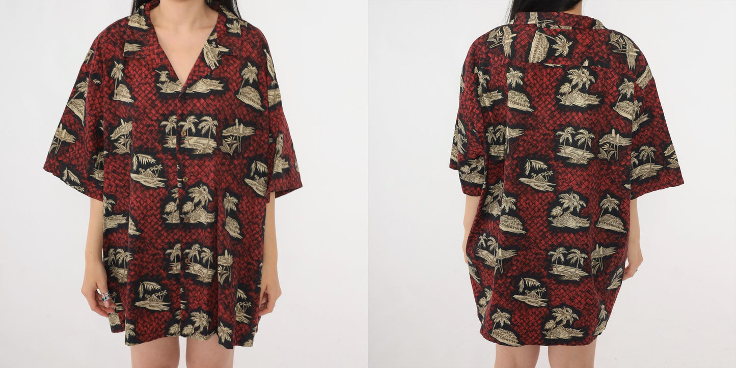 90s Aloha Line Hawaiian Shirt Red Palm Tree Print Button Up XXL