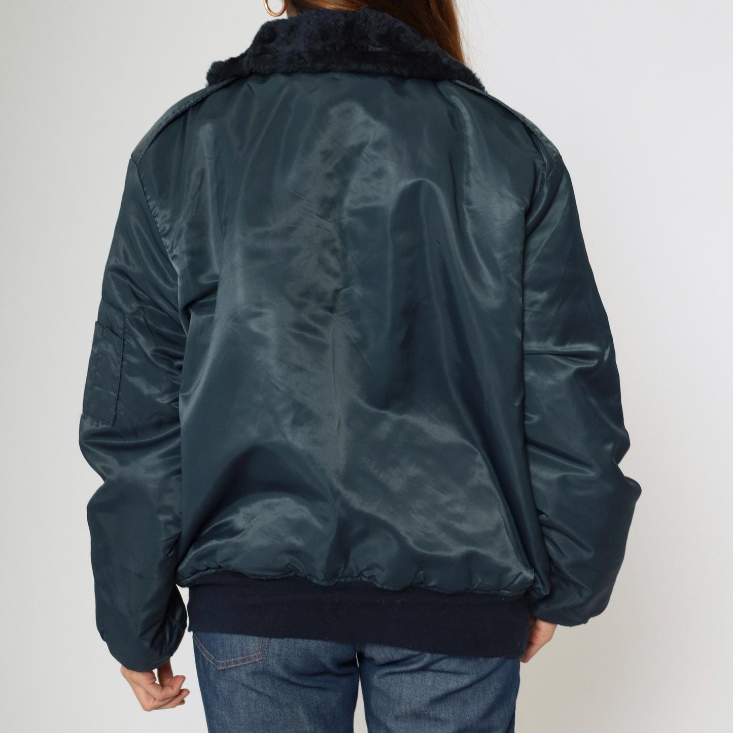 90s Dickies Navy Bomber Jacket Faux Fur Collar Quilted Lining Large L