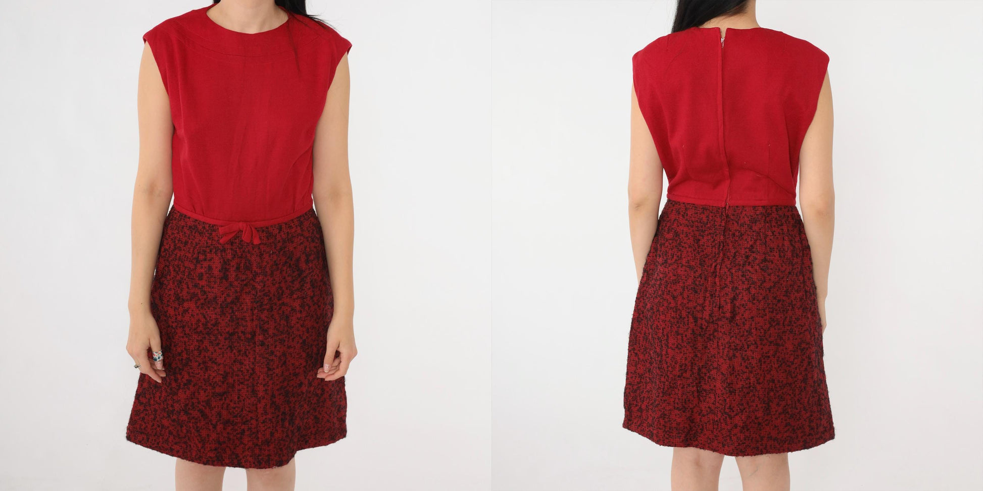 60s Peck & Peck Wool Mini Dress Red Abstract Print Bow Detail Small