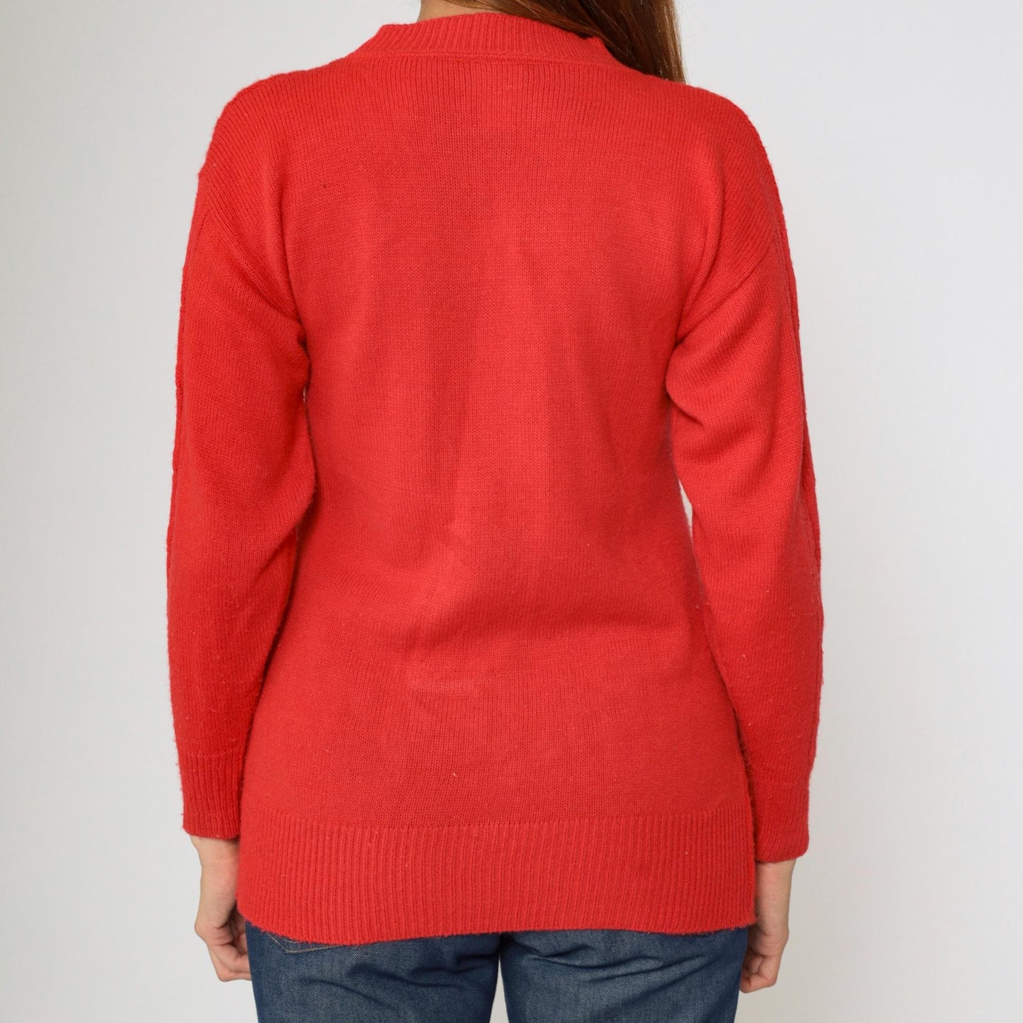 80s Cable Knit Sweater Red Textured Pullover Crewneck Extra Small