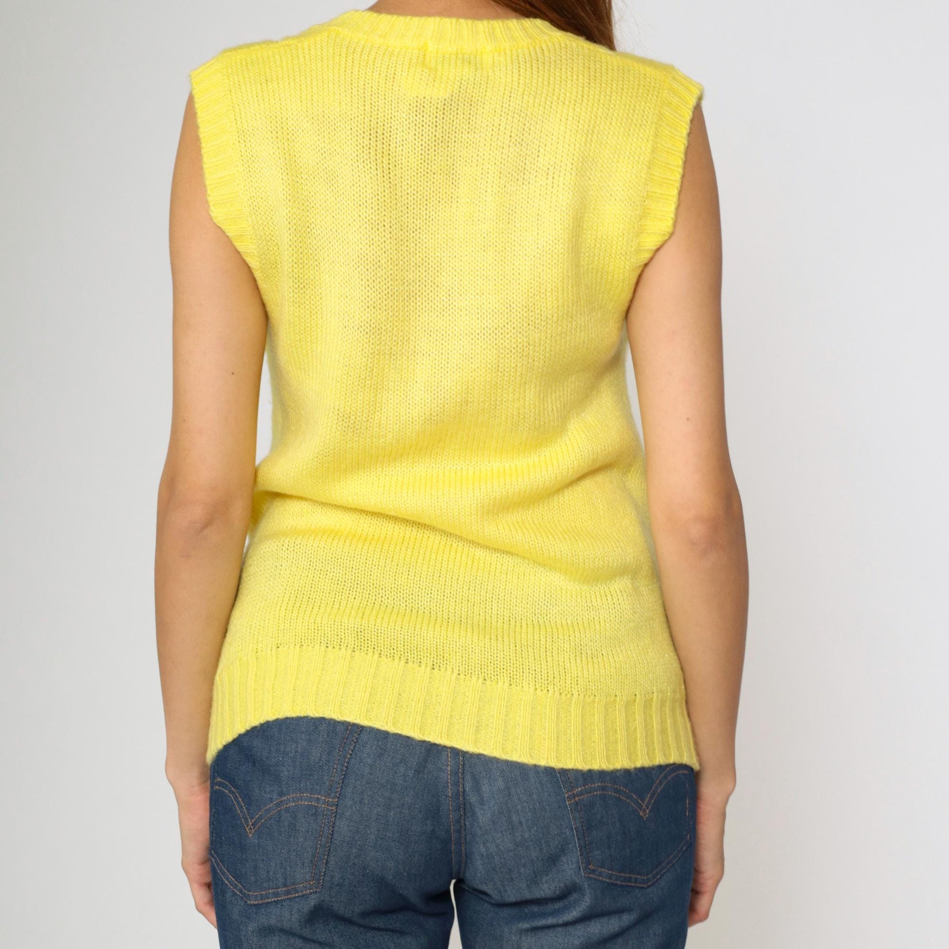 80s Yellow Cable Knit Sweater Vest V Neck Sleeveless Pullover Extra Small