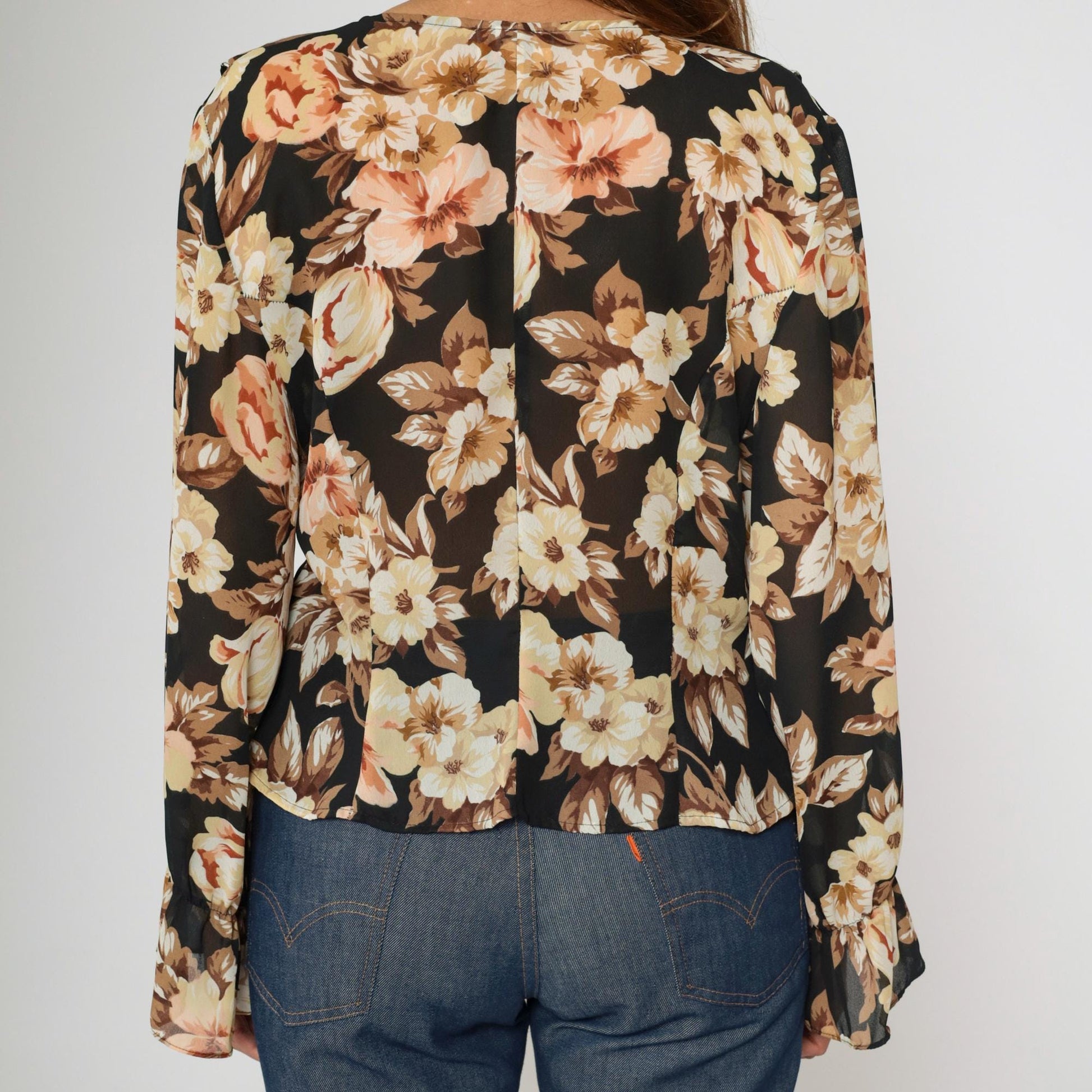 90s Gemini Black Floral Tie-Front Blouse Ruffled Collar Long Sleeve Large L