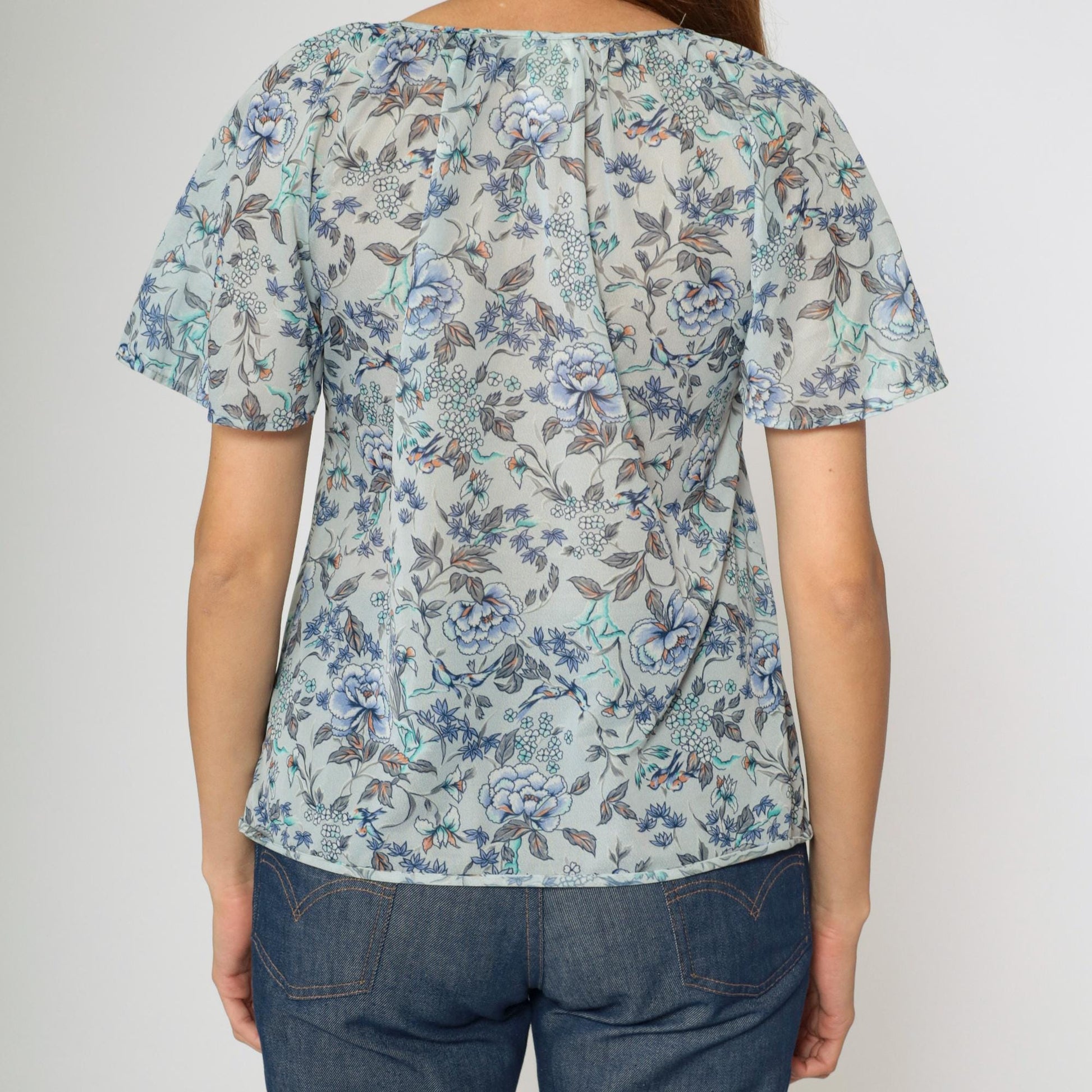 70s Teddi of California Floral Blouse Blue Keyhole Tie Neck Flutter Sleeve Small