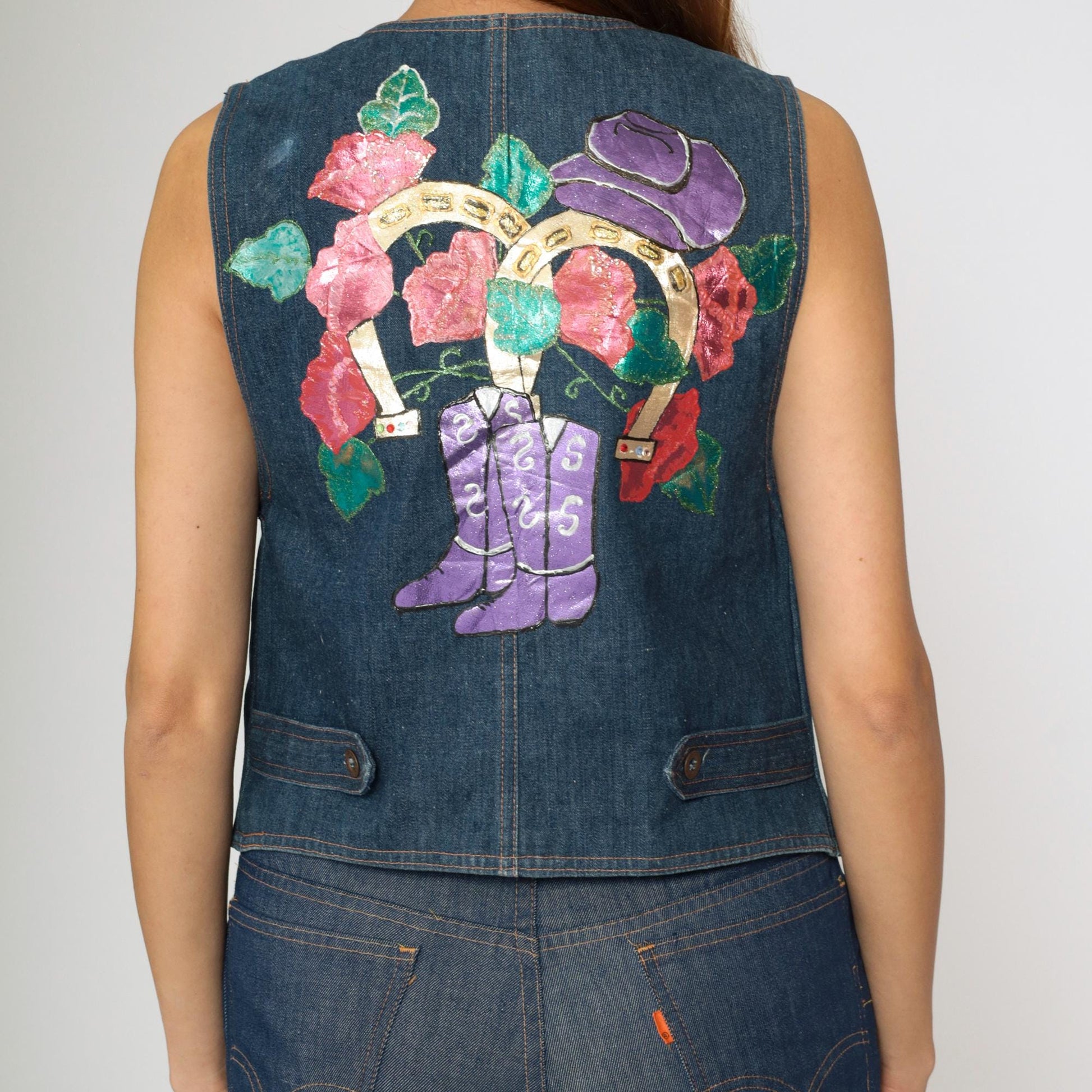 90s Koret City Blues Denim Vest Hand Painted Western Cowgirl Boots Horseshoe Small S