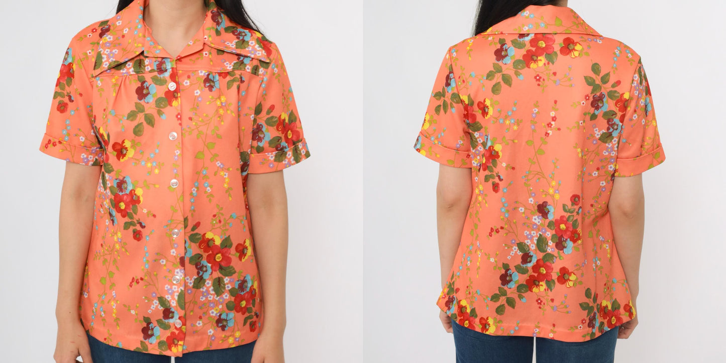 70s Smartique Floral Button-Up Blouse Orange Dagger Collar Short Sleeve Medium