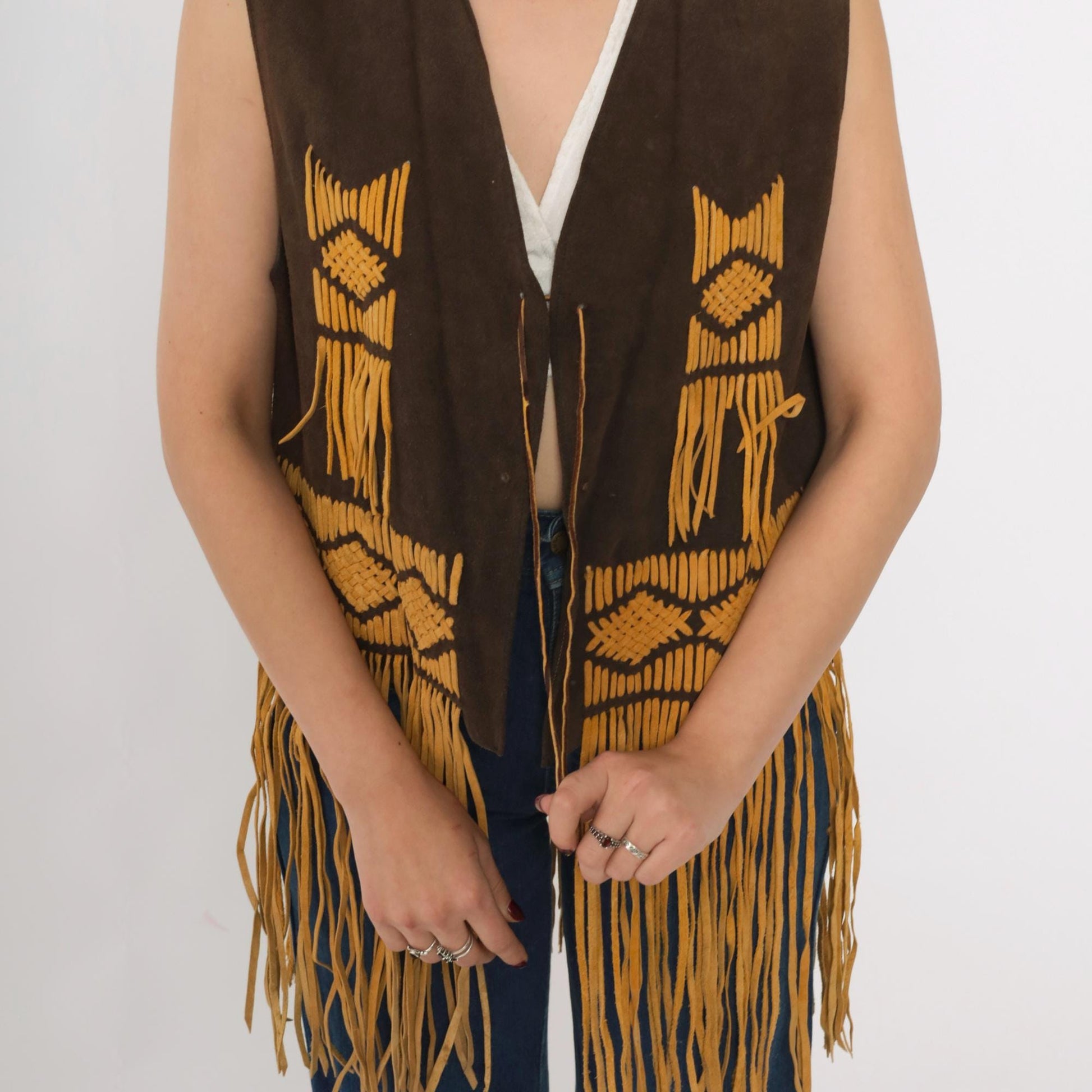 70s Brown Suede Fringe Vest Open Front Tie Sleeveless Medium M