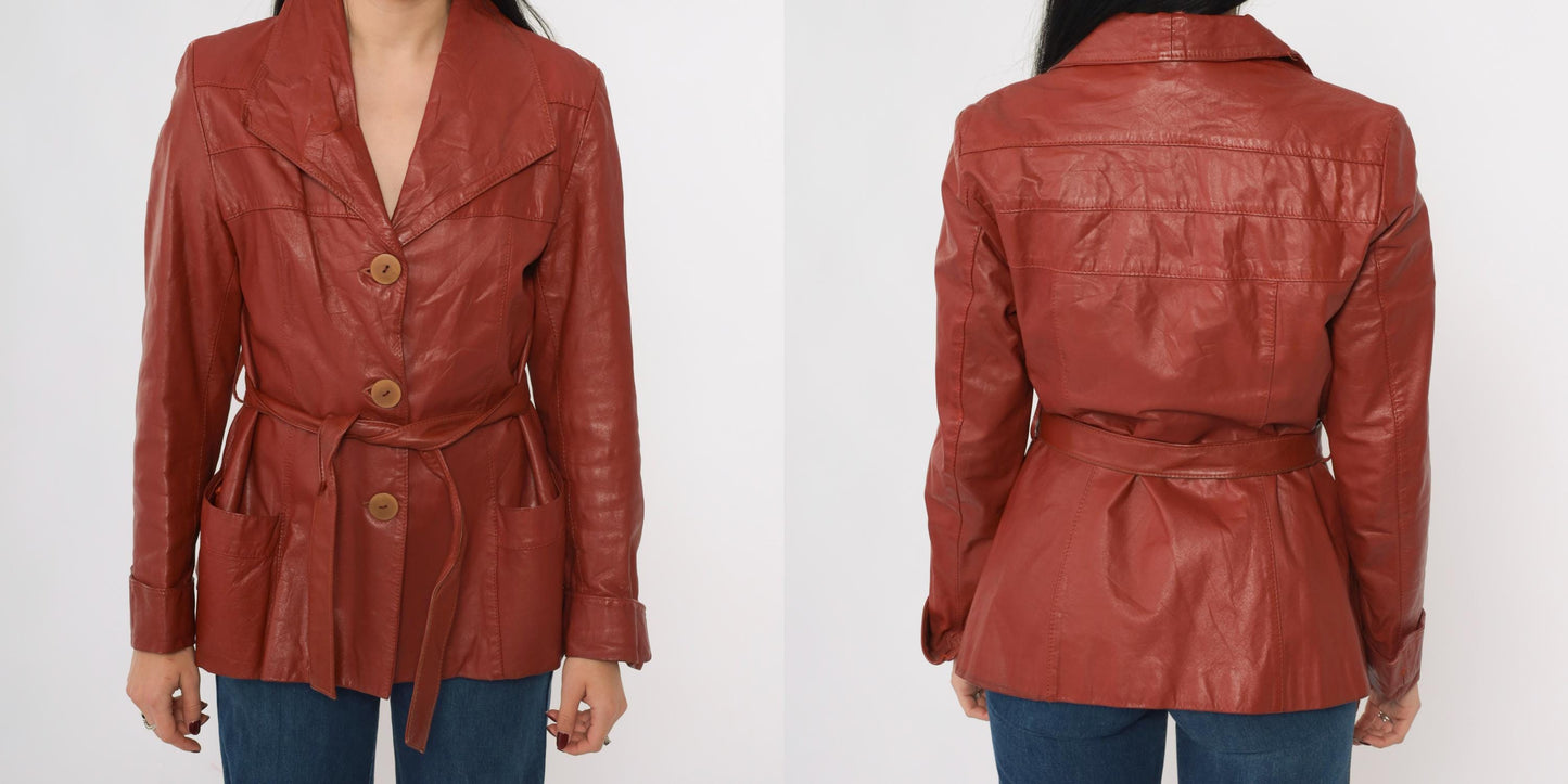 70s Learsi Leather Jacket Brick Red Belted Button-Up Small