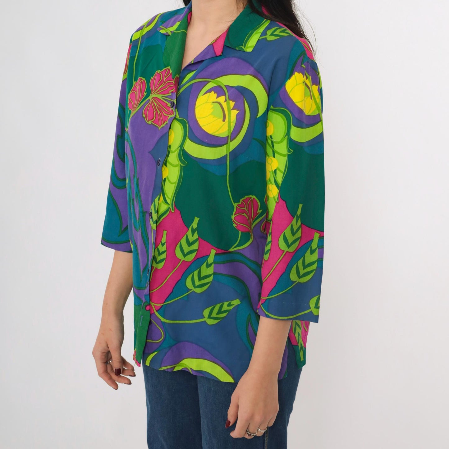 70s Tropical Floral Button-Up Shirt Purple Green Multicolor 3/4 Sleeve Medium M