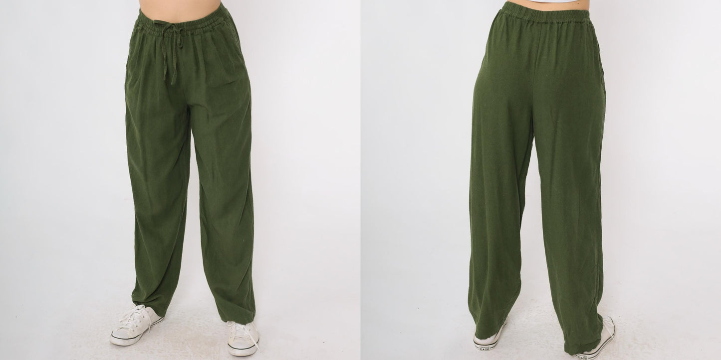 90s Selene Sport Olive Silk Tapered Pants Drawstring Elastic Waist Small S