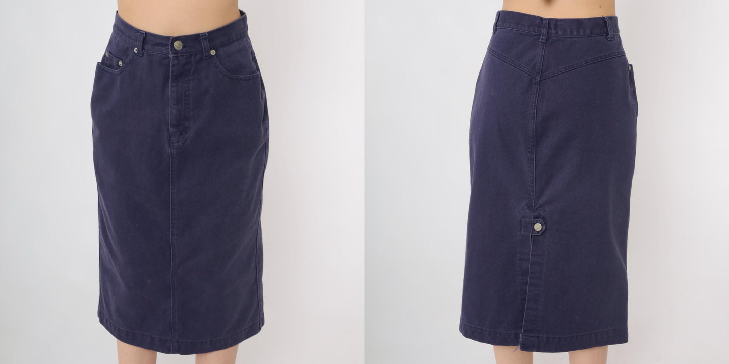 90s Purple Denim Midi Skirt High Waist Pencil Cut Rear Slit Small