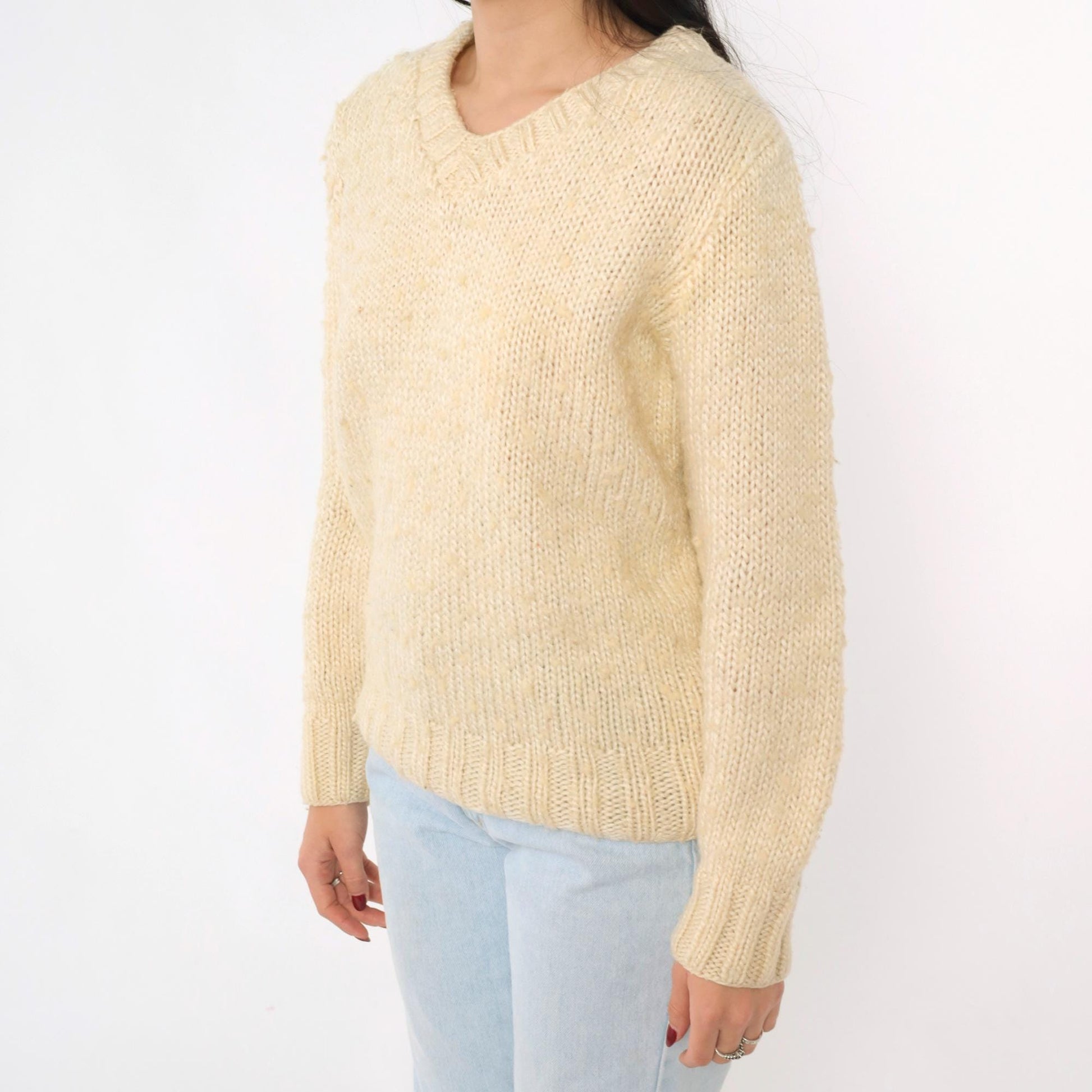 80s Cream Slub Knit V-Neck Sweater Pullover Medium M