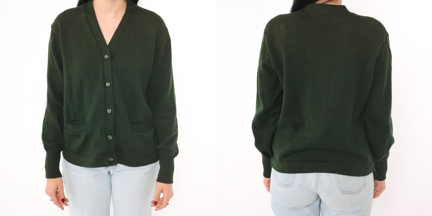 1960s Albion Knit Dark Green Wool Cardigan Button-Up Medium M