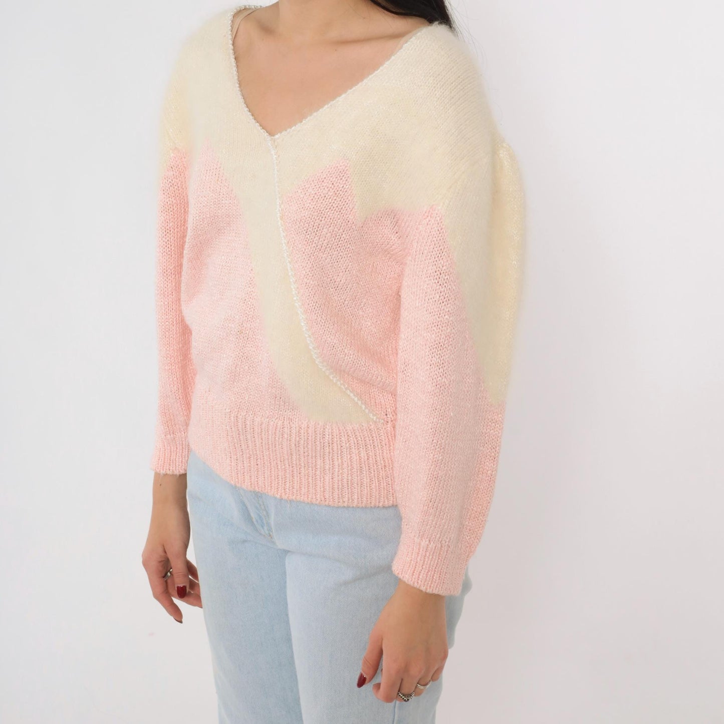 80s Pink Cream Angora Chevron V-Neck Sweater Pullover Medium