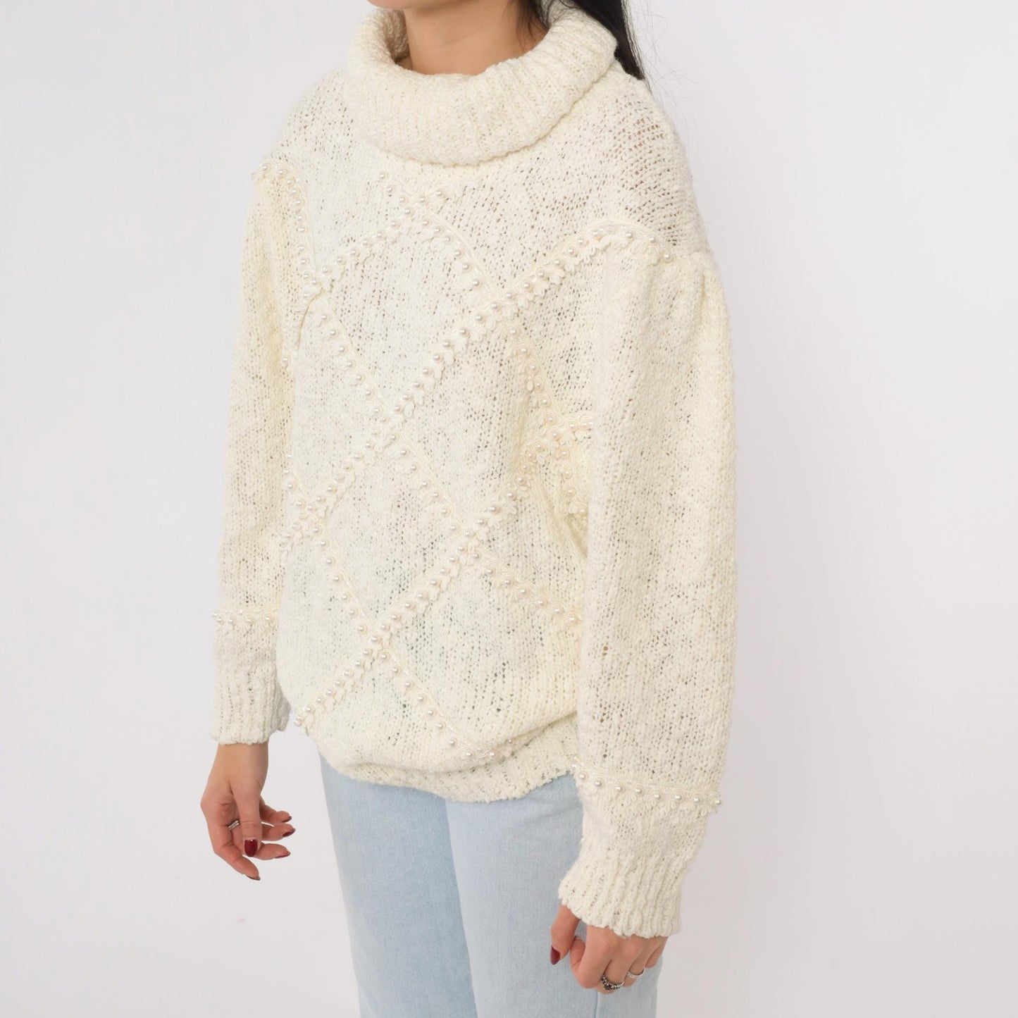 80s Bonnie and Bill Cream Pearl Beaded Turtleneck Sweater Medium