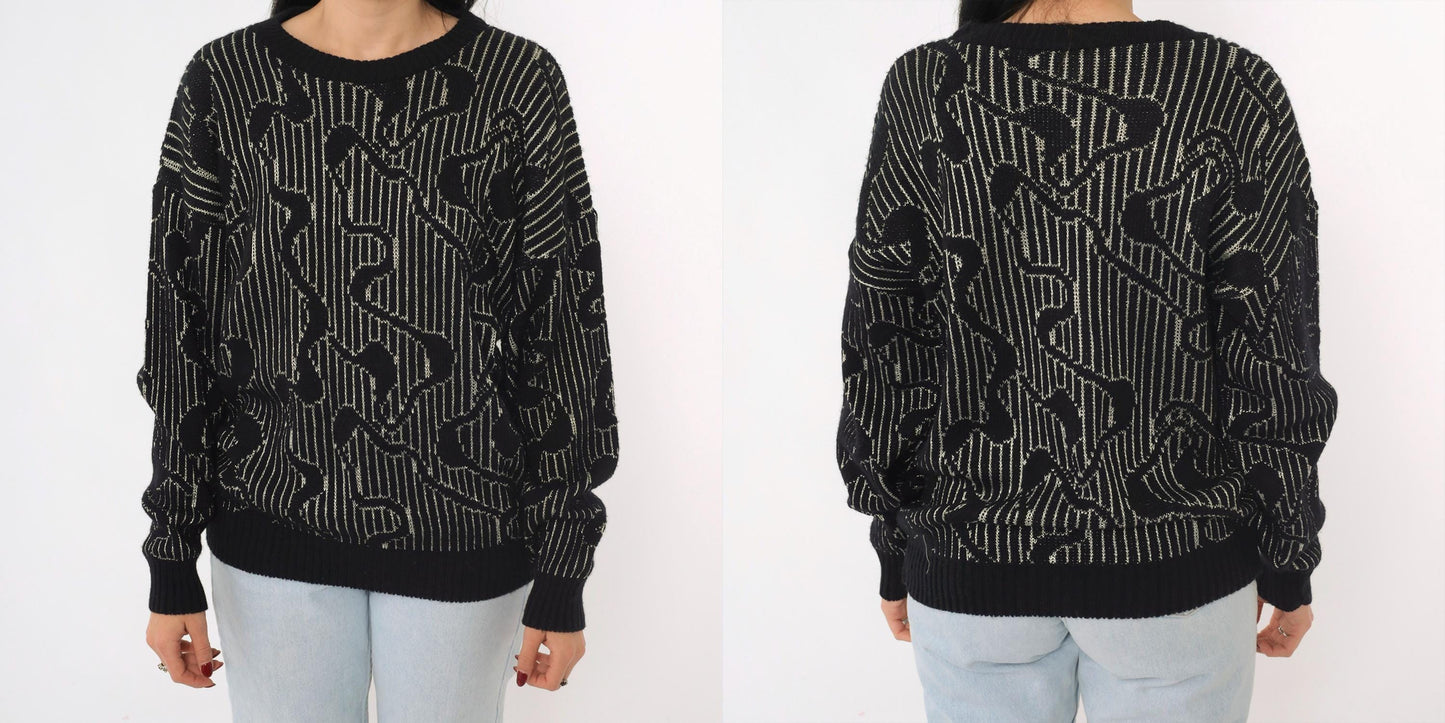 80s Black Metallic Striped Sweater Silver Abstract Knit Small Medium