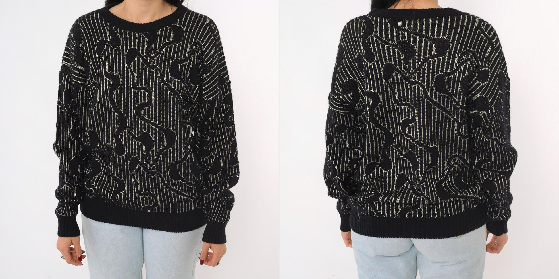 80s Black Metallic Striped Sweater Silver Abstract Knit Small Medium