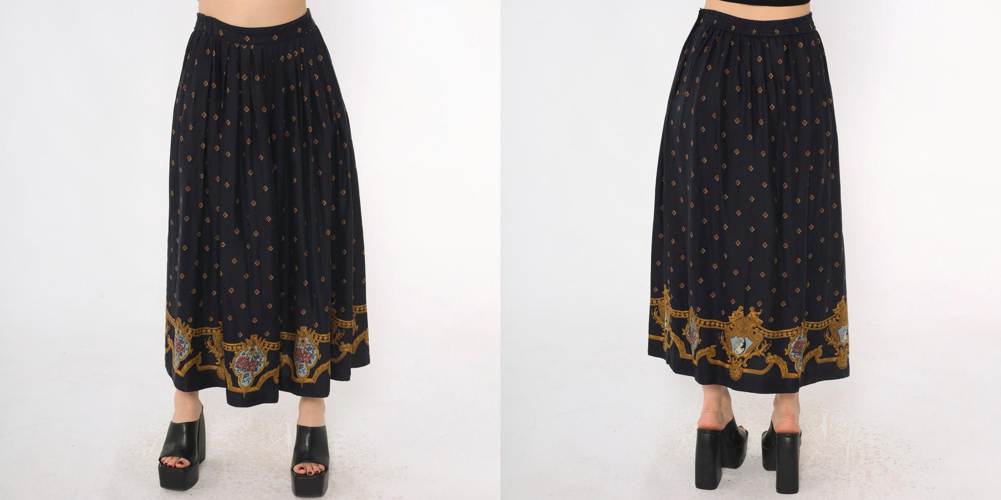 80s Chaus Navy Rayon Midi Skirt Baroque Cameo Print Elastic Waist Small