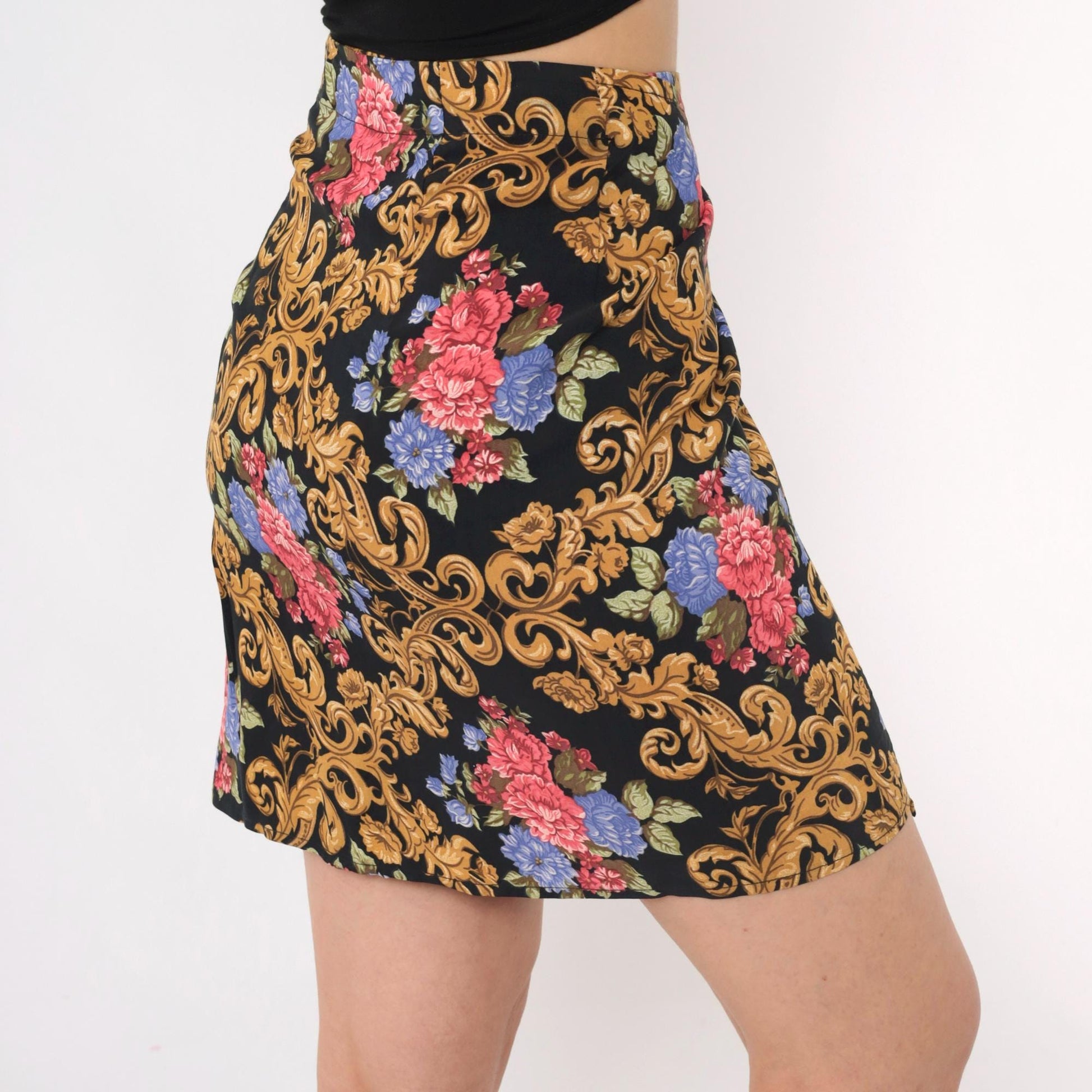 90s Baroque Floral Wrap Mini Skirt Black Gold Pink High Waisted XS