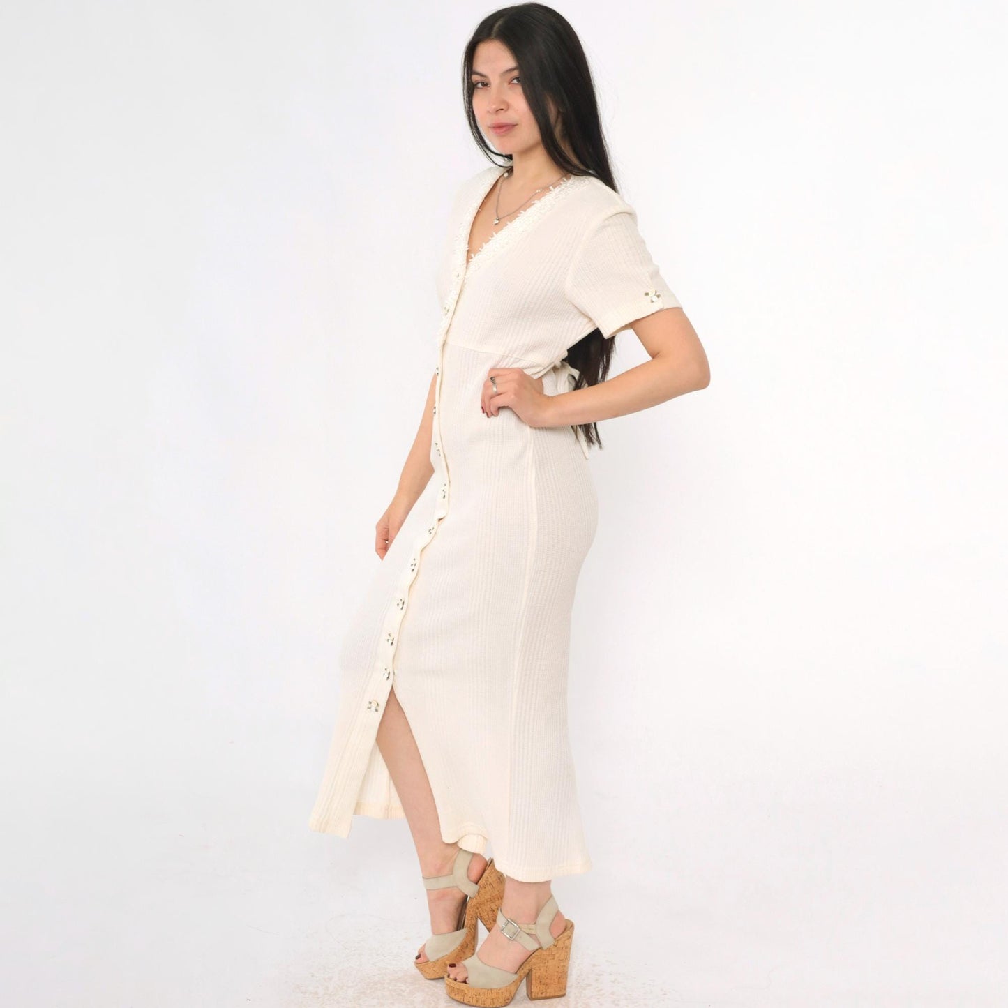 90s Ivory Ribbed Rosette Maxi Dress Button Front Lace Trim V-Neck Small S