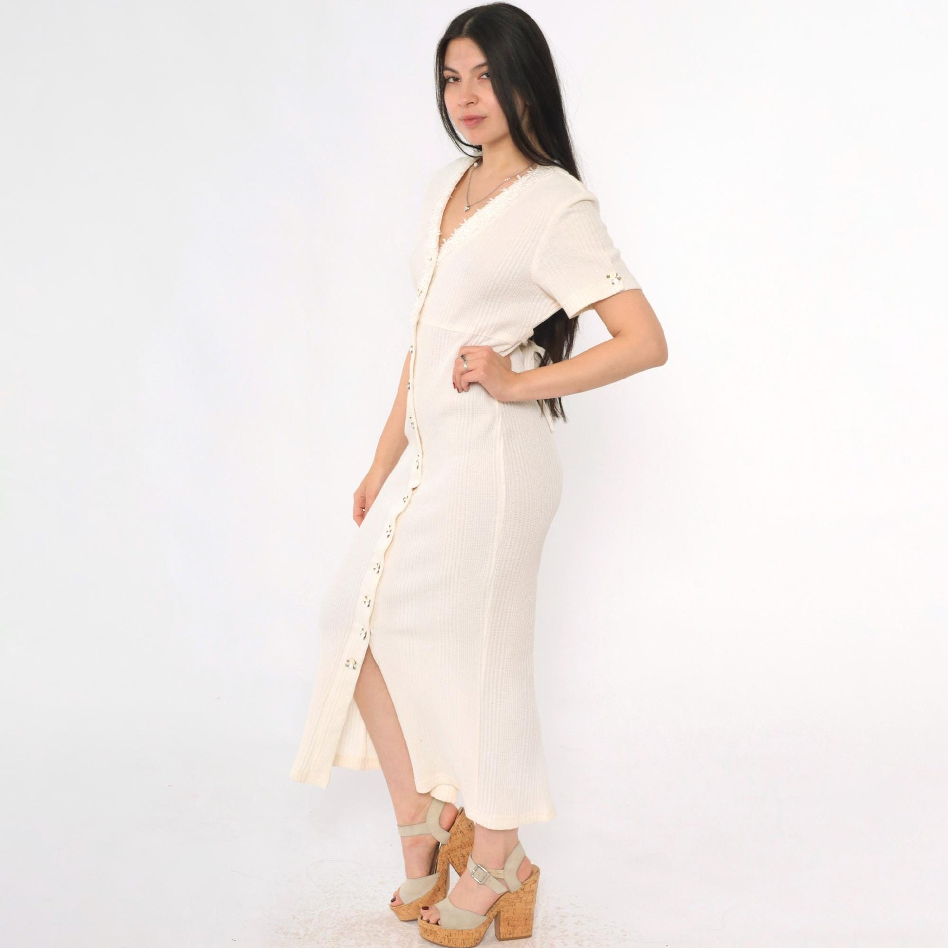 90s Ivory Ribbed Rosette Maxi Dress Button Front Lace Trim V-Neck Small S