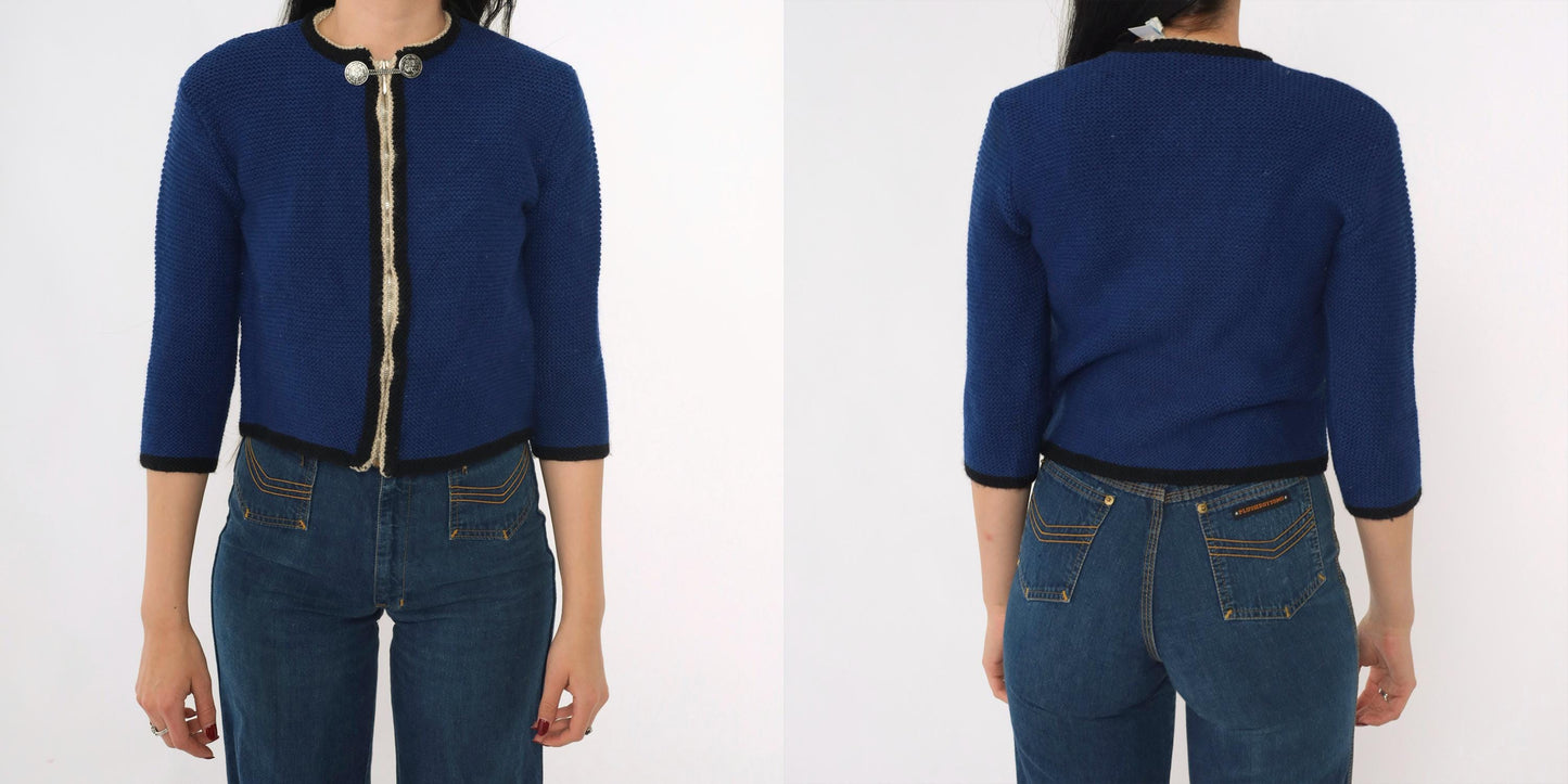 60s Blue Wool Cardigan Cropped Zip Coin Button 3/4 Sleeve Extra Small