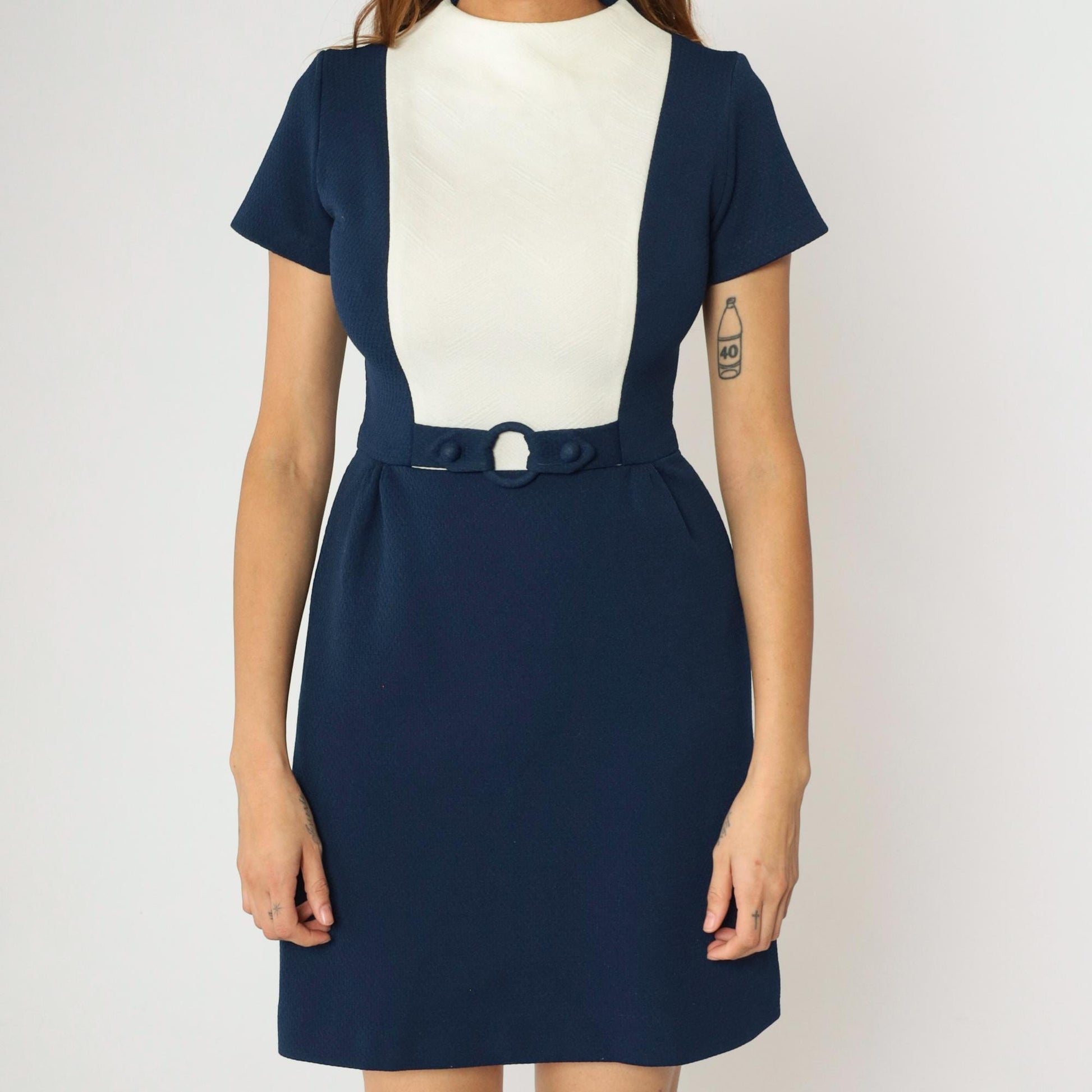 60s Mod Colorblock Mini Dress Navy White Bib Mock Neck Small