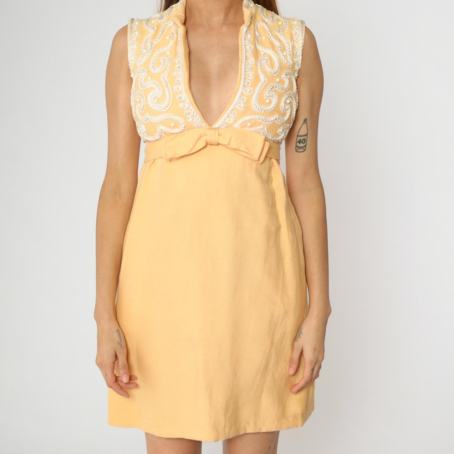 60s Maison Mendessolle Peach Mini Dress Beaded Bow Empire Waist XS