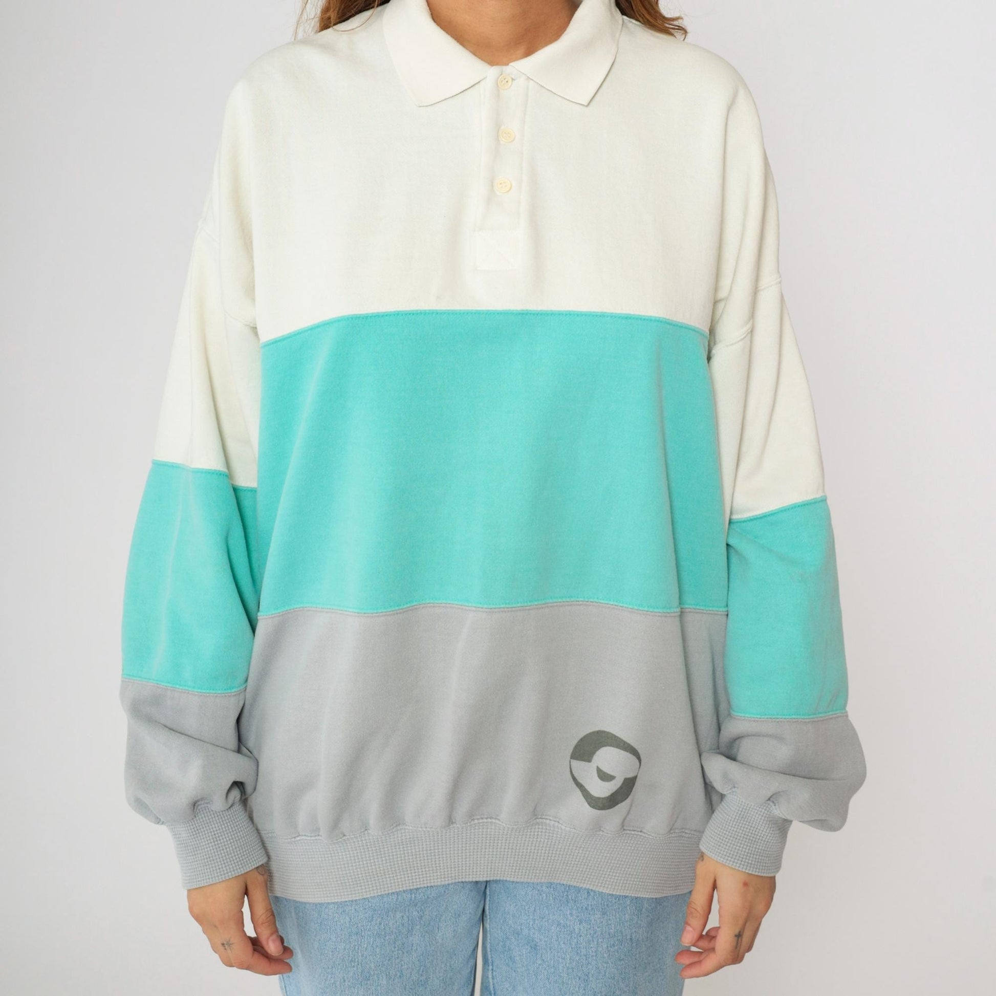 90s John Ashford Sport Colorblock Polo Sweatshirt Off-White Aqua Grey Large L