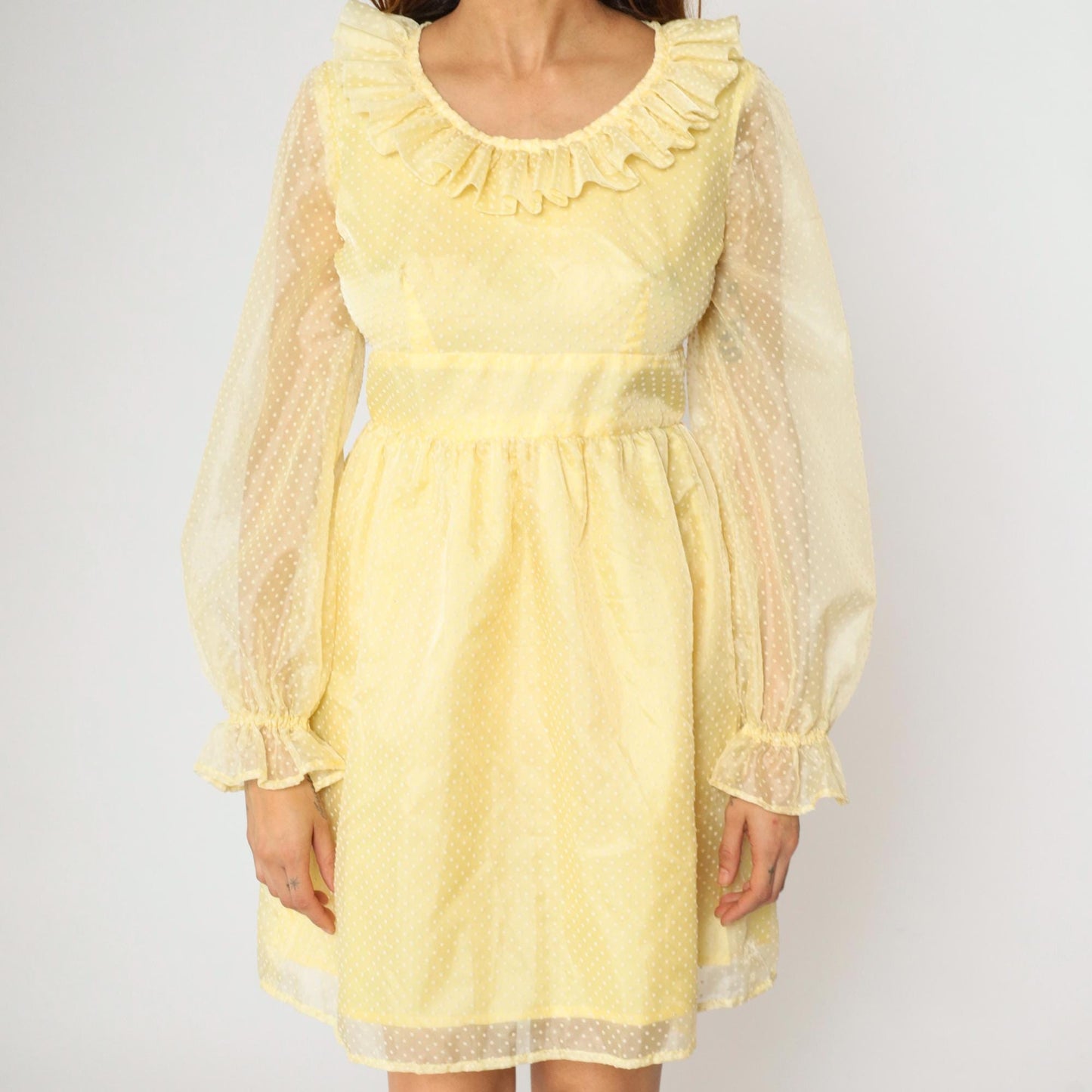 70s Yellow Swiss Dot Organza Mini Dress Empire Waist Ruffle Neckline Small