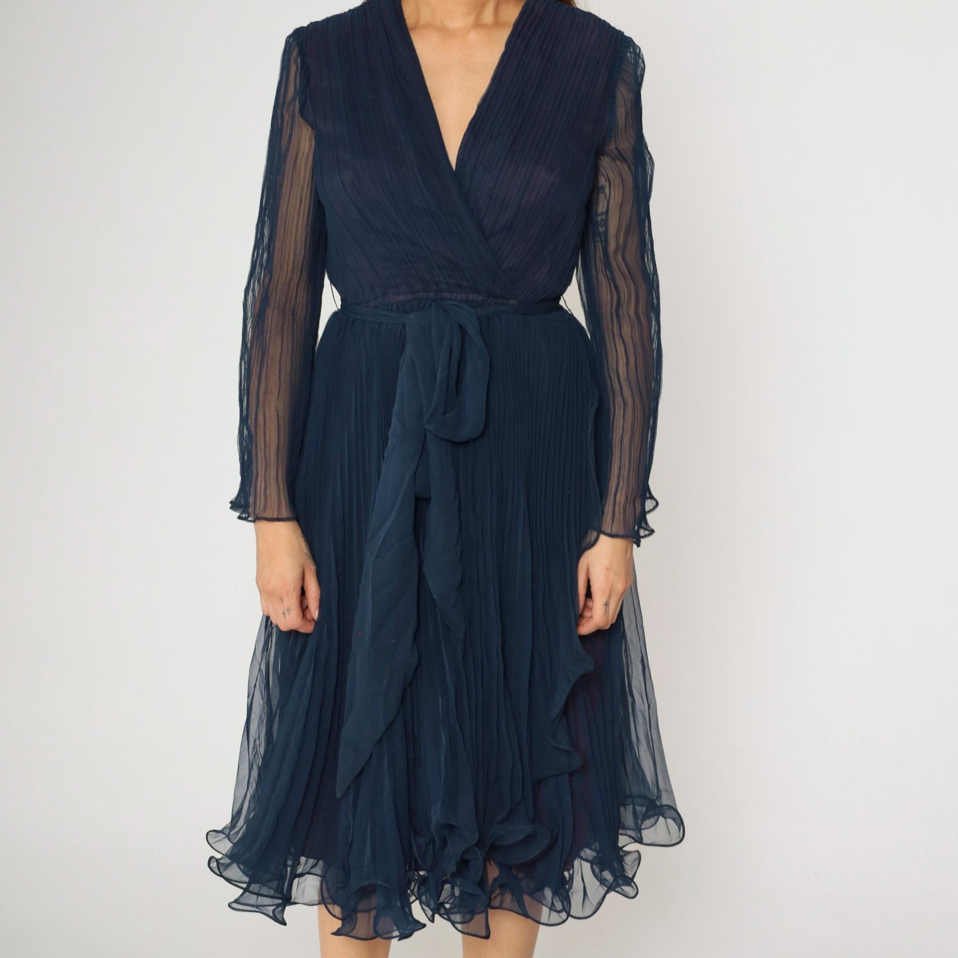70s Navy Chiffon Midi Dress Pleated V-Neck Sheer Sleeves High Waist Small