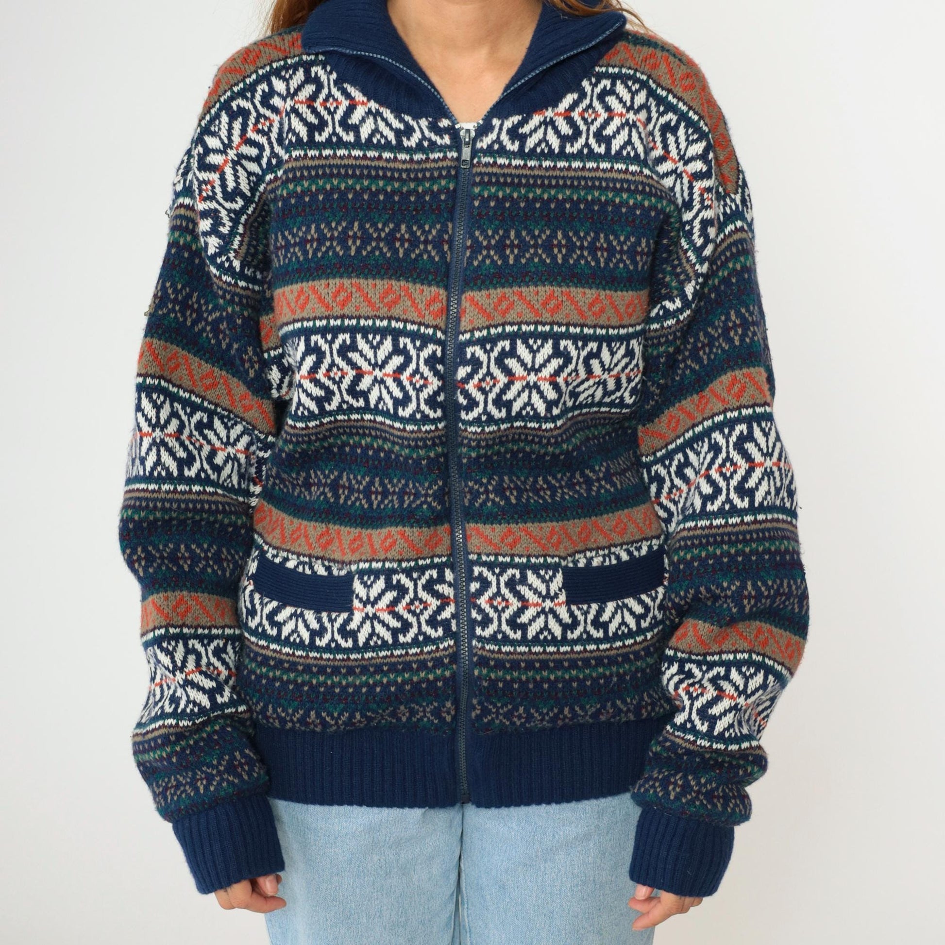 00s Fair Isle Cardigan Navy Blue Zip-Up Knit Sweater Large L