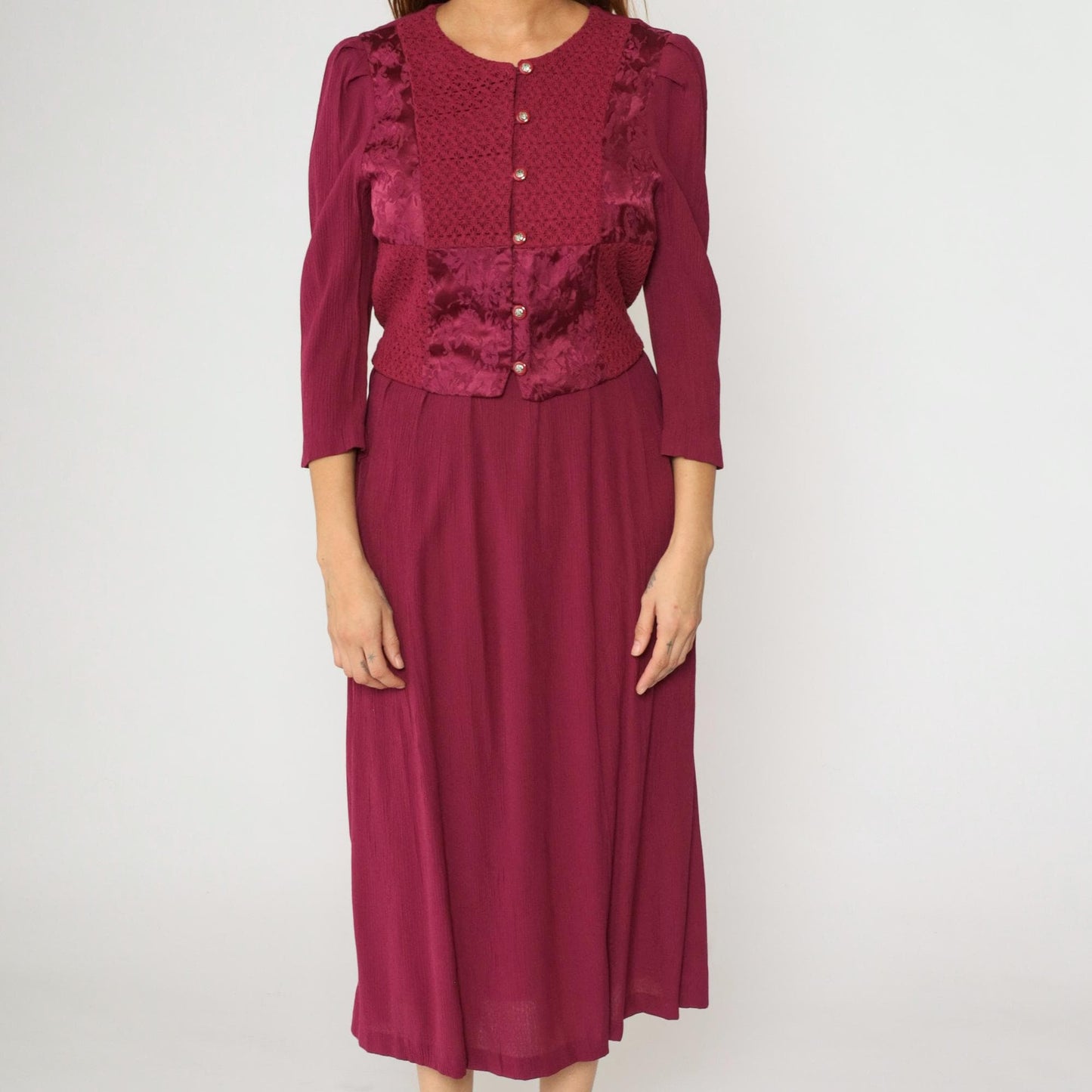 90s Miss Dorby Raspberry Floral Jacquard Midi Dress Puff Sleeve Button Up Medium
