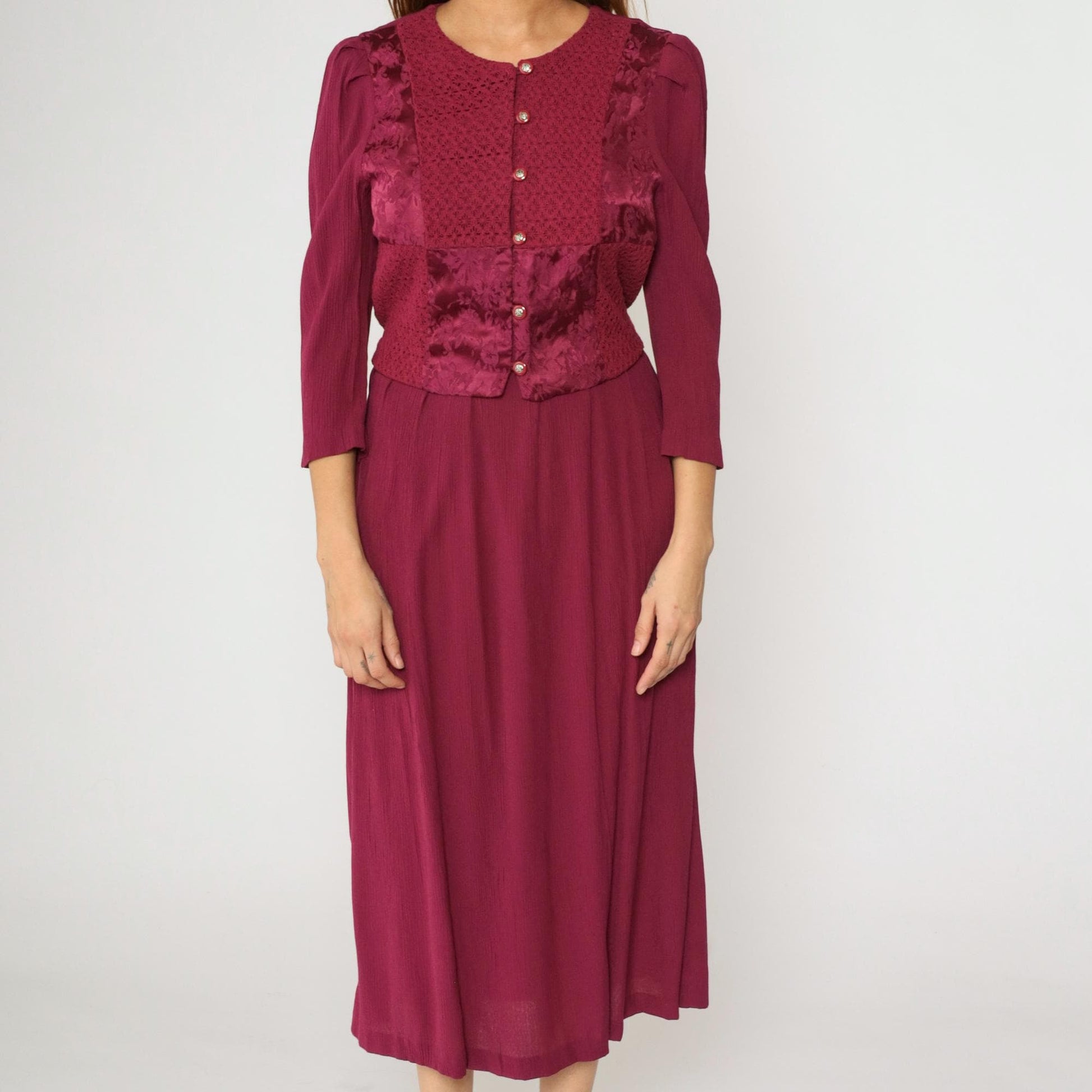 90s Miss Dorby Raspberry Floral Jacquard Midi Dress Puff Sleeve Button Up Medium
