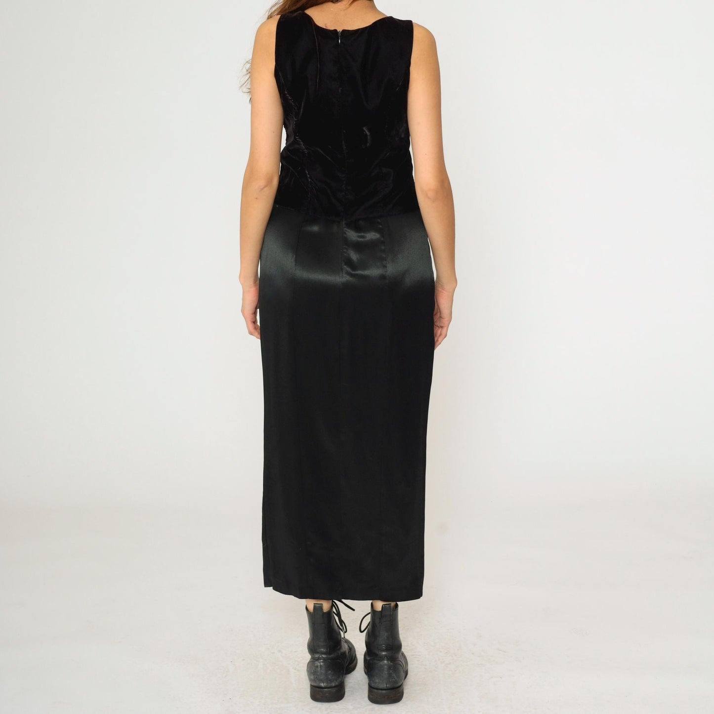 90s Black Satin Maxi Dress Velvet Lace-Up Bodice Sleeveless Medium