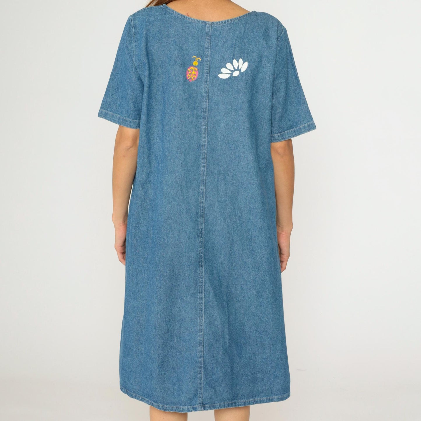 90s Denim Midi Dress Ladybug Floral Print Shift Blue Short Sleeve Large L