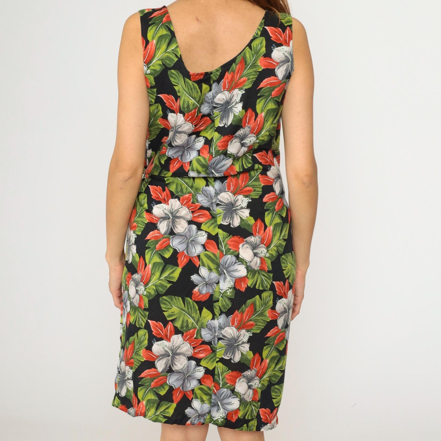 90s Hilo Hattie Hawaiian Floral Mini Dress Black Sleeveless Wrap Skirt Medium