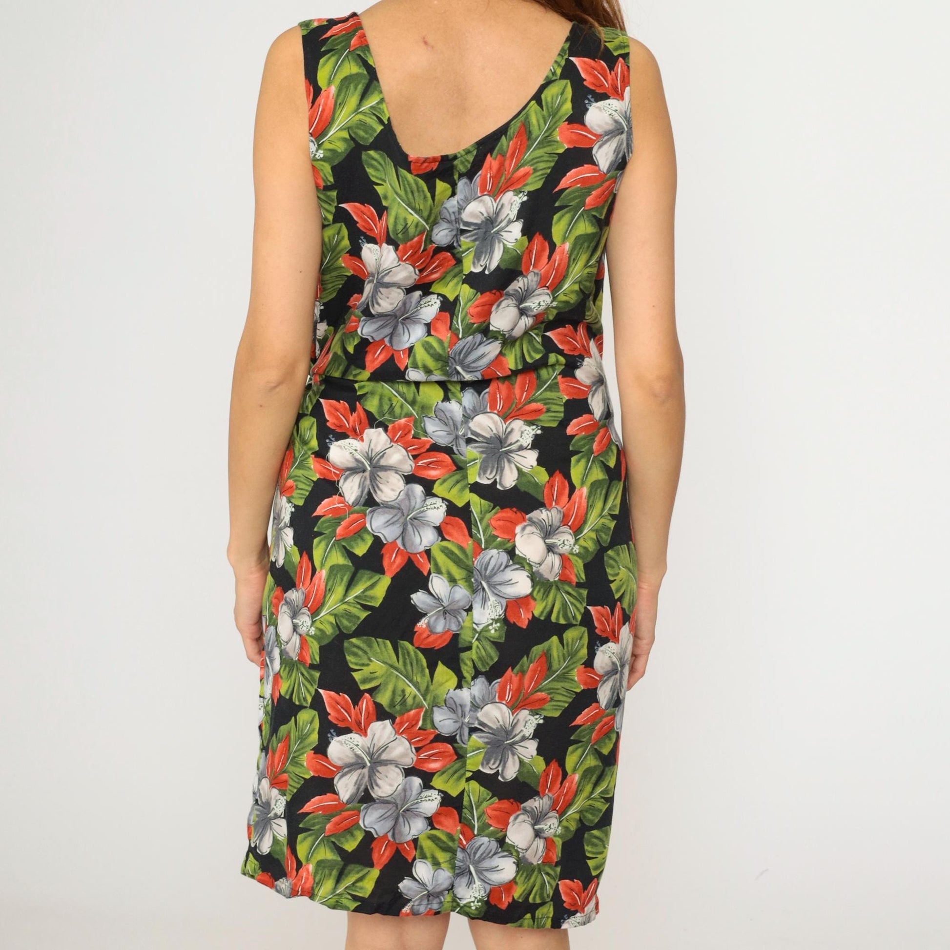 90s Hilo Hattie Hawaiian Floral Mini Dress Black Sleeveless Wrap Skirt Medium