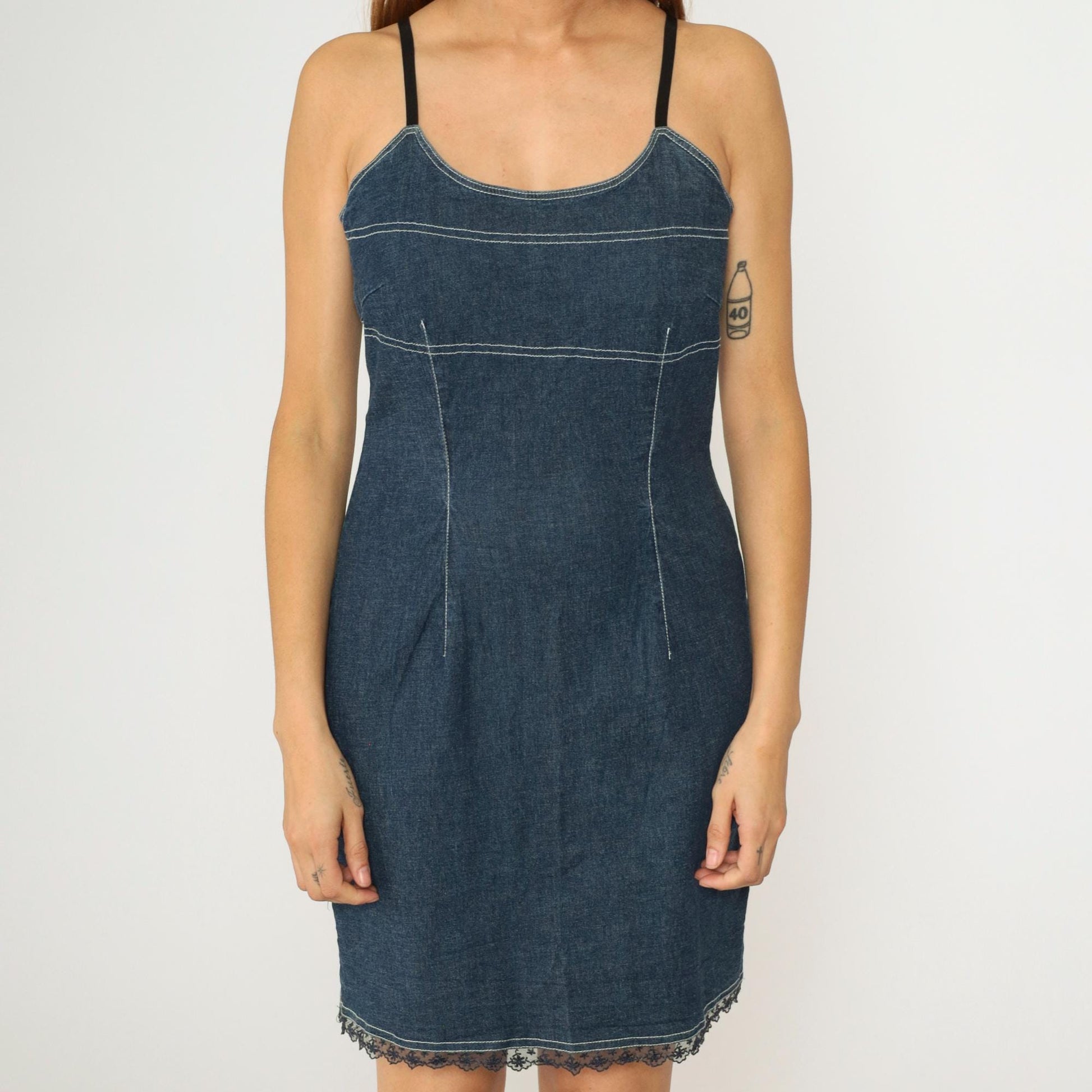 90s Blue Denim Mini Dress Spaghetti Strap Bodycon Sheath Medium