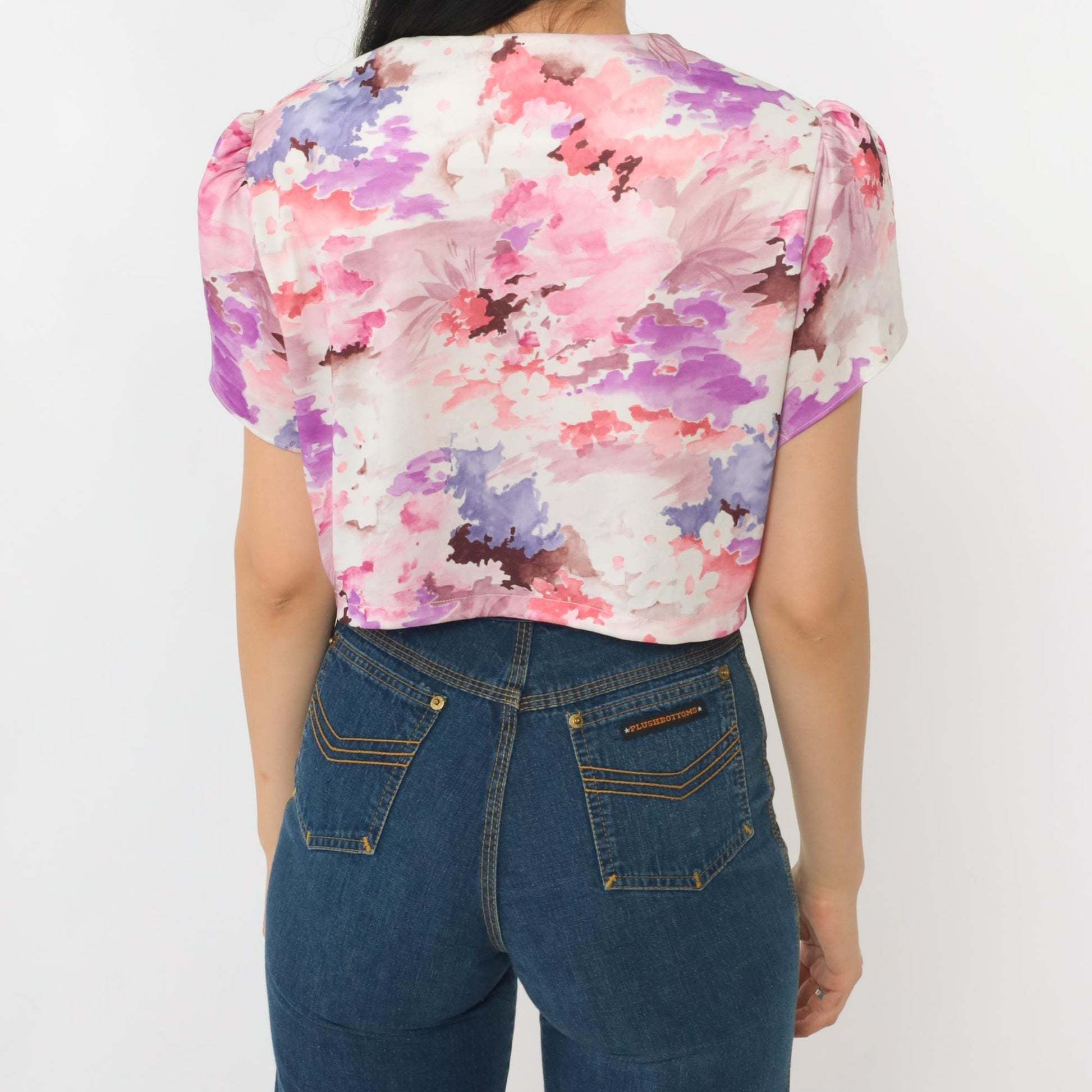 70s Floral Crop Top Puff Sleeve Blouse Pink Purple White Medium
