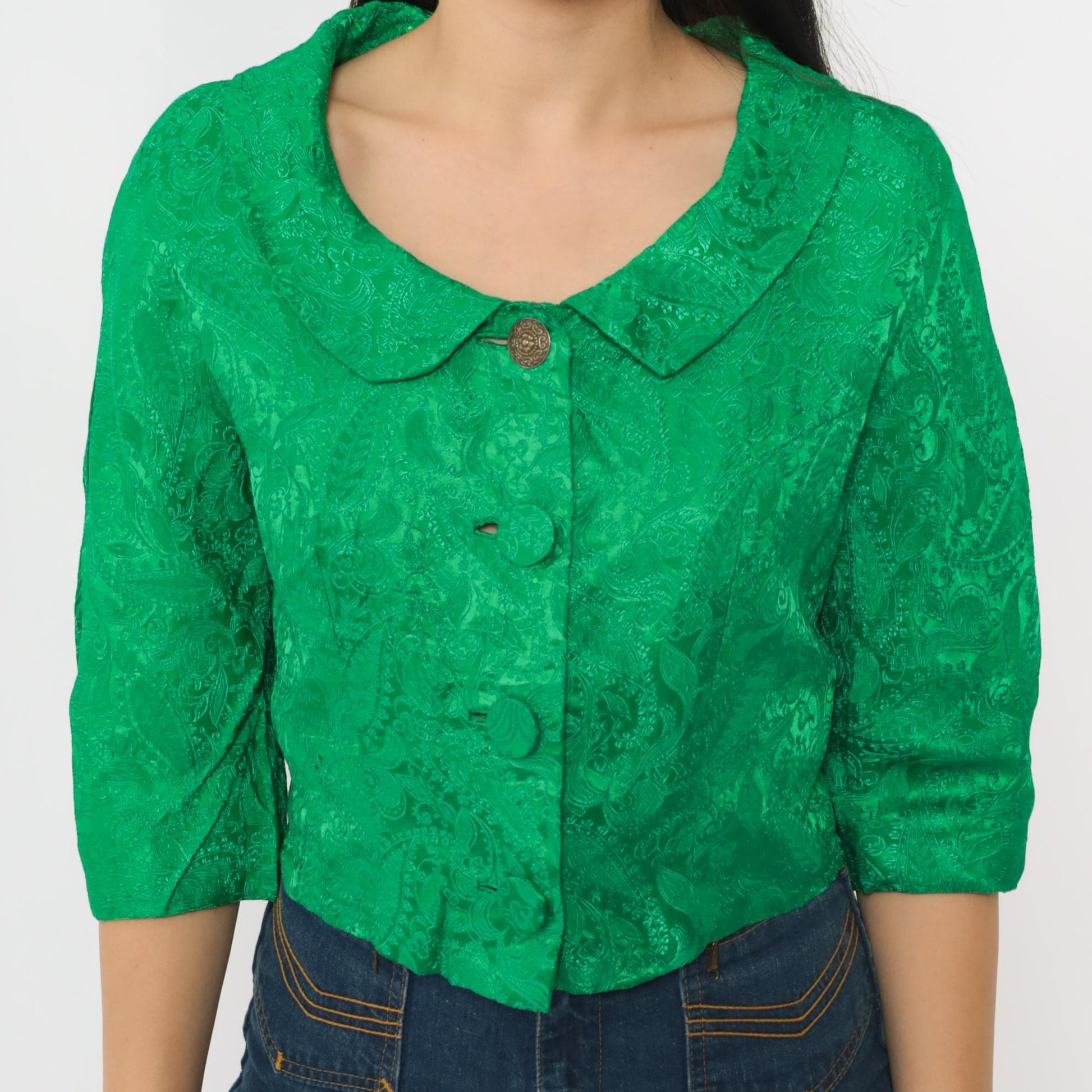 60s Green Brocade Paisley Cropped Jacket Half Sleeve Button Up Small