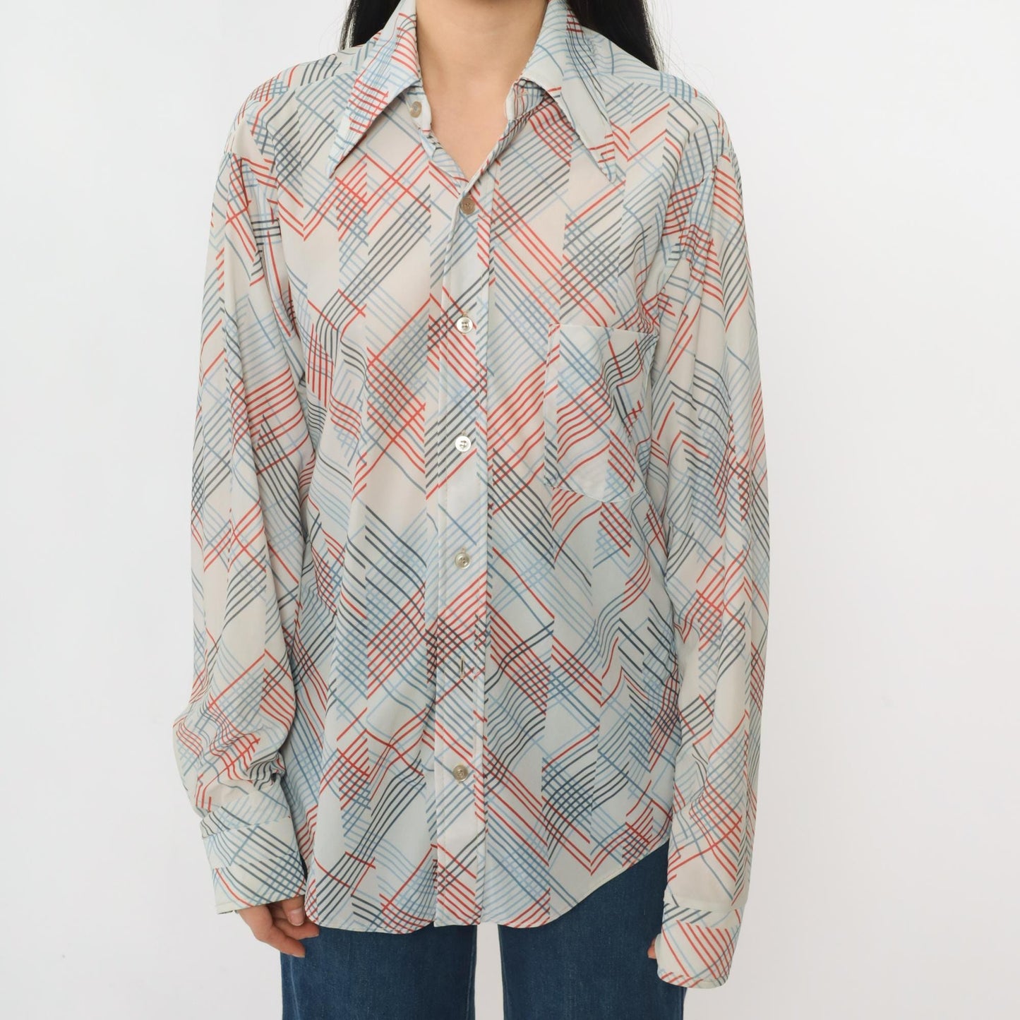 70s Sears Checkered Button-Up Shirt White Dagger Collar Long Sleeve Men's Medium M