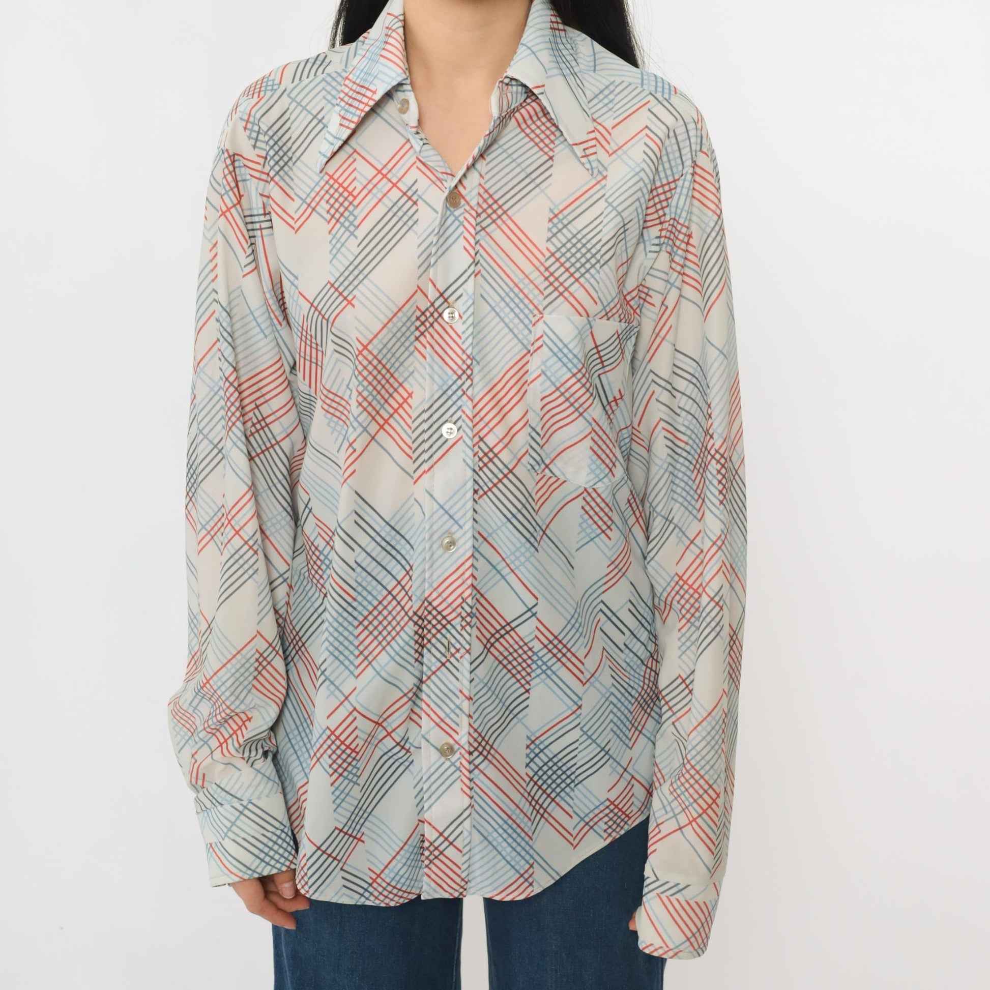 70s Sears Checkered Button-Up Shirt White Dagger Collar Long Sleeve Men's Medium M