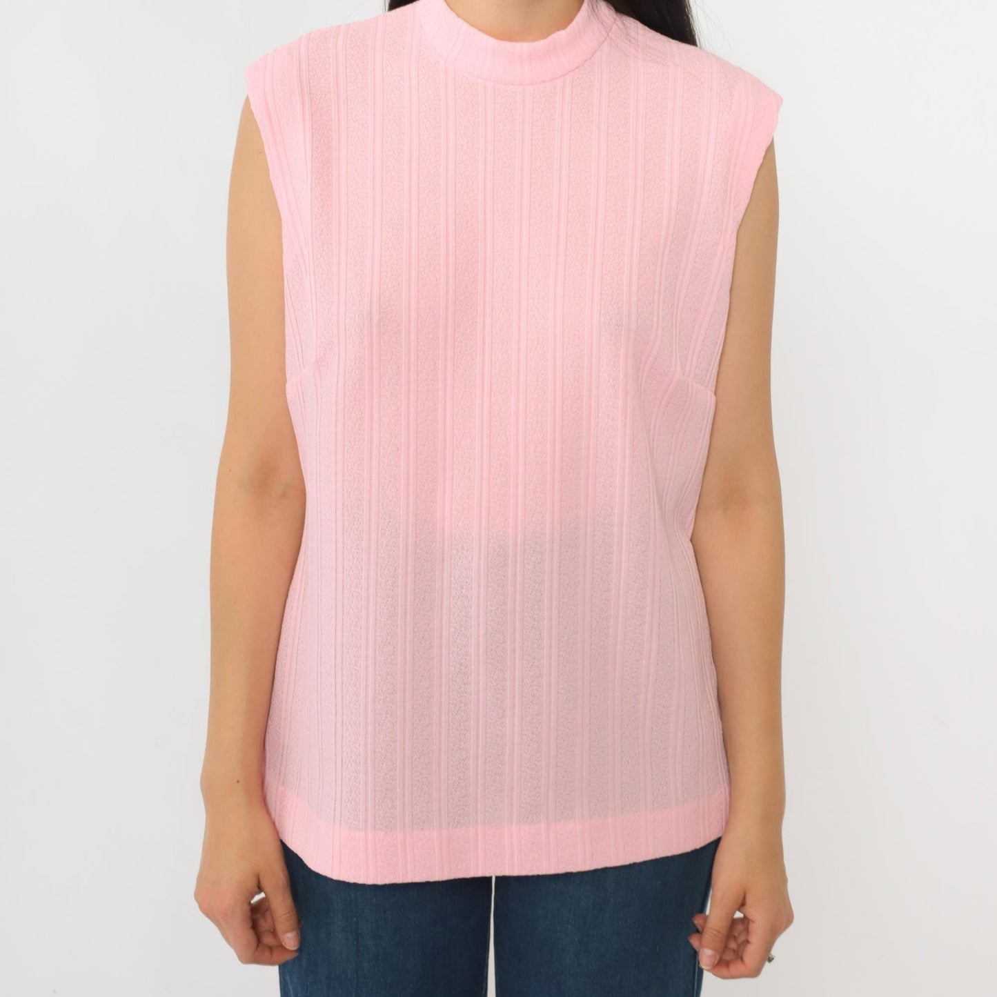 70s Pink Mock Neck Tank Top Ribbed Sleeveless Blouse Large