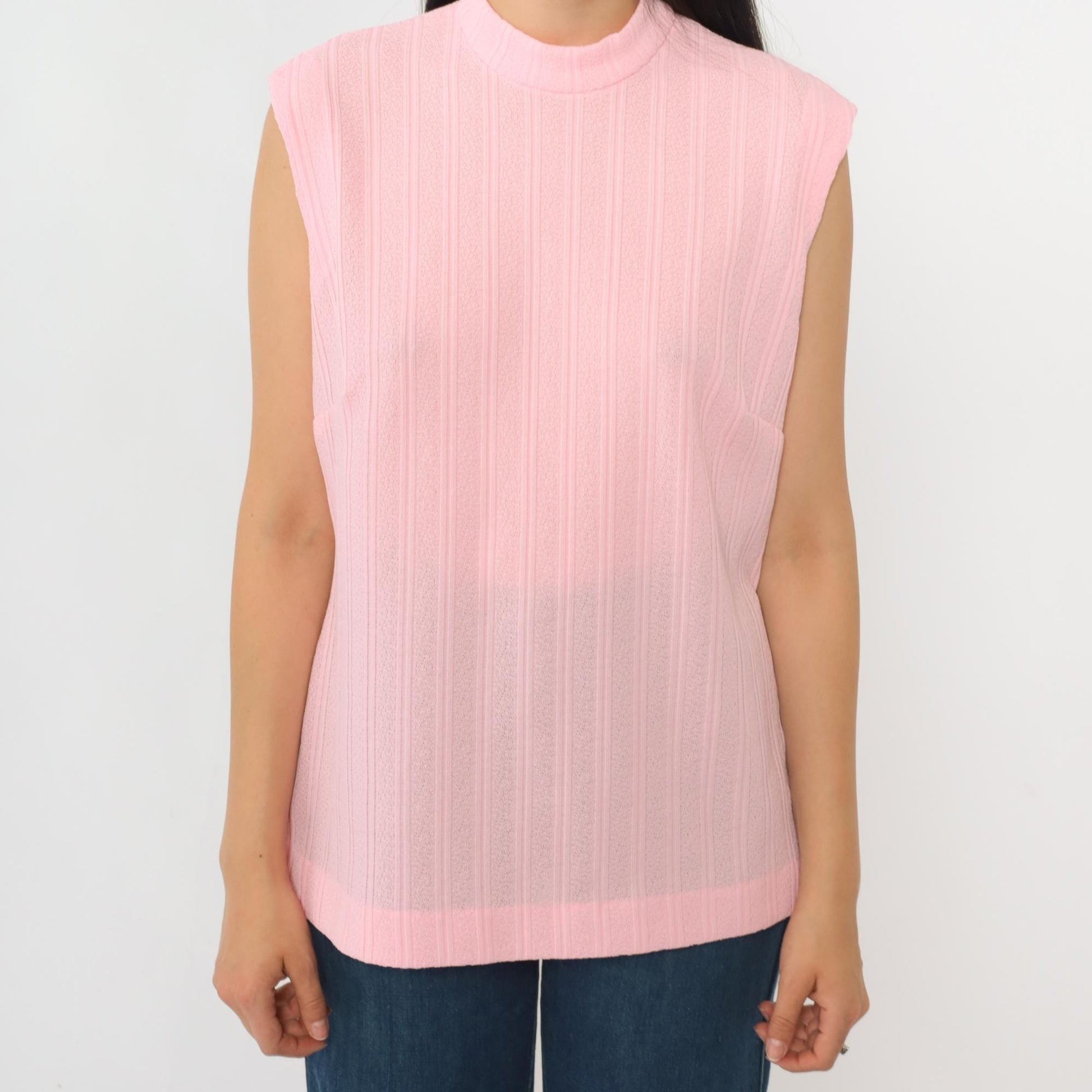 70s Pink Mock Neck Tank Top Ribbed Sleeveless Blouse Large
