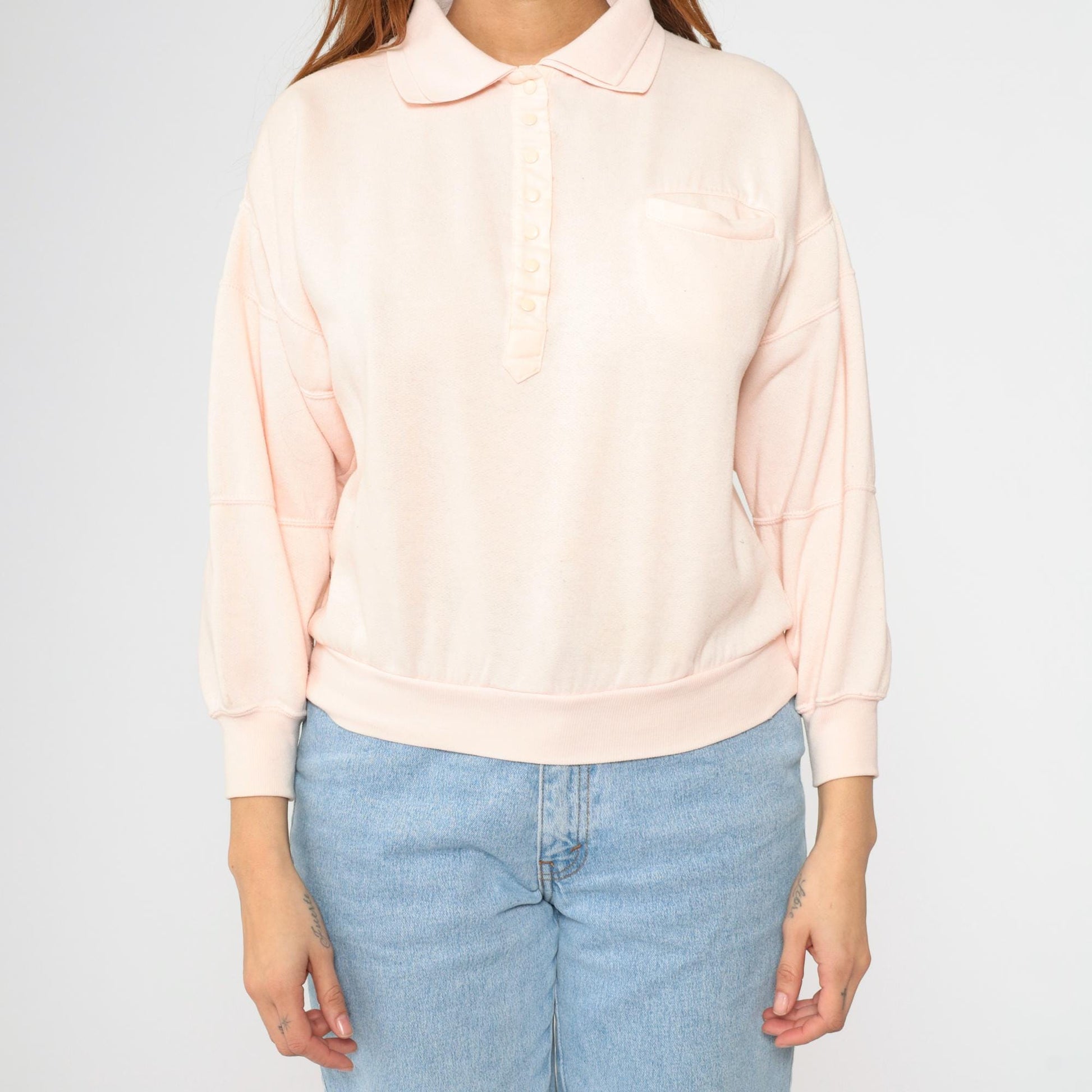 80s Baby Pink Polo Sweatshirt Vintage Collared Quarter-Snap Pullover Small