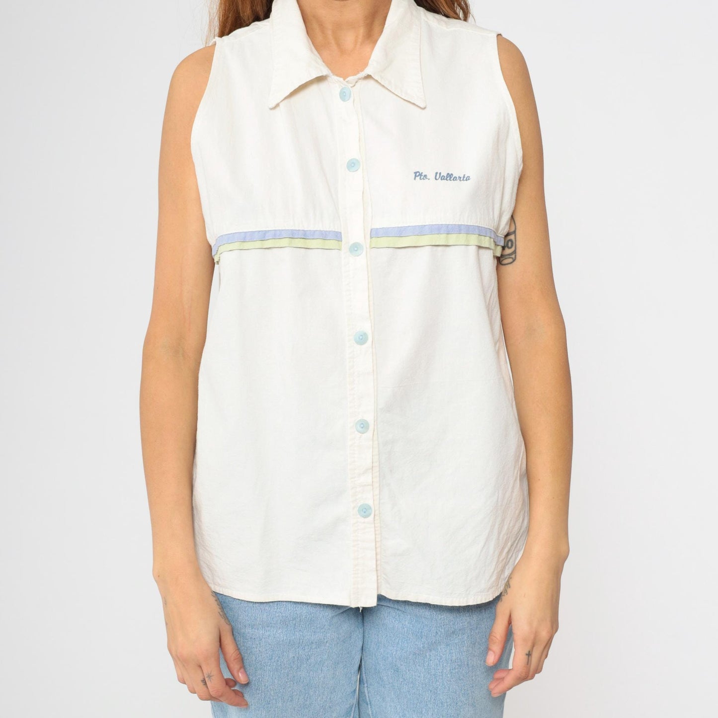 90s Puerto Vallarta White Striped Sleeveless Button-Up Blouse Extra Large