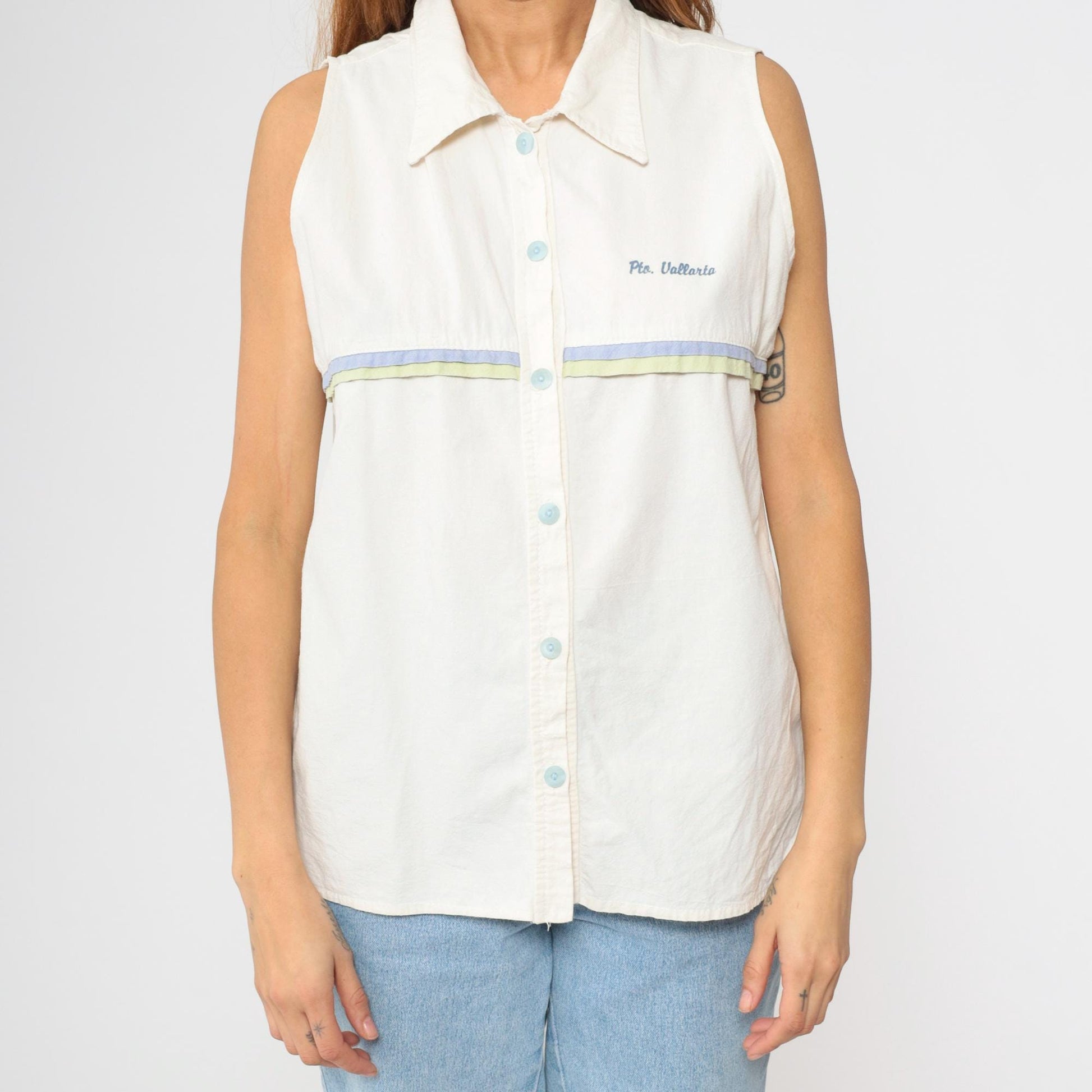 90s Puerto Vallarta White Striped Sleeveless Button-Up Blouse Extra Large