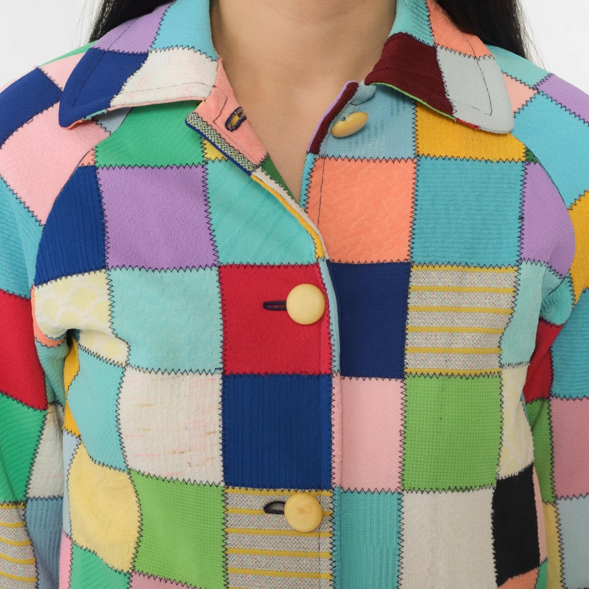 70s Patchwork Quilted Jacket Multicolor Square Block Notch Collar Extra Small