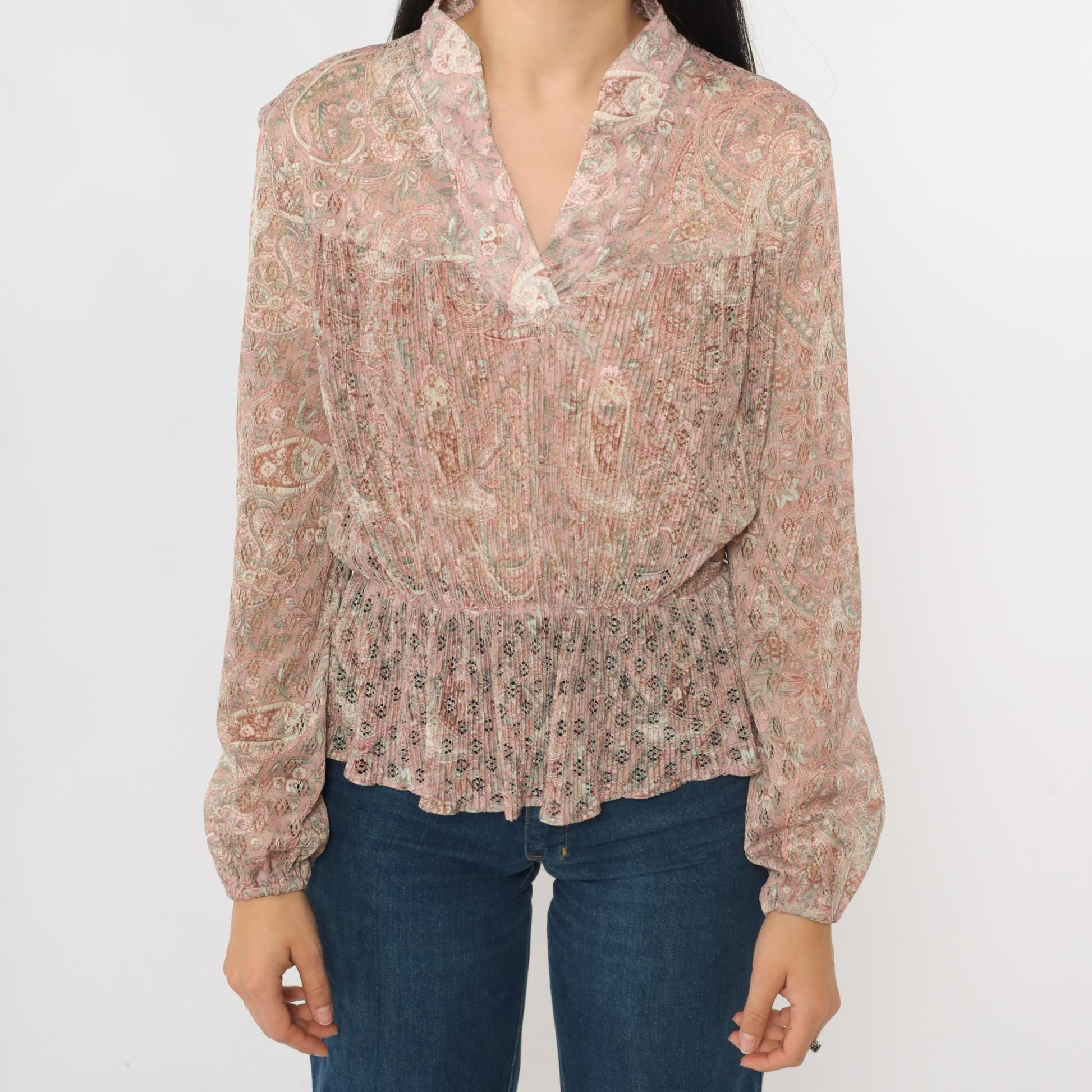 70s Pink Paisley Pleated Blouse Lace Cutouts Ruffled Collar Long Sleeve Medium